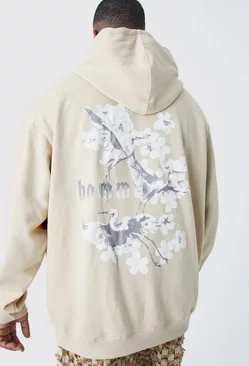 Plus Oversized Homme Blossom Graphic Hoodie Sand