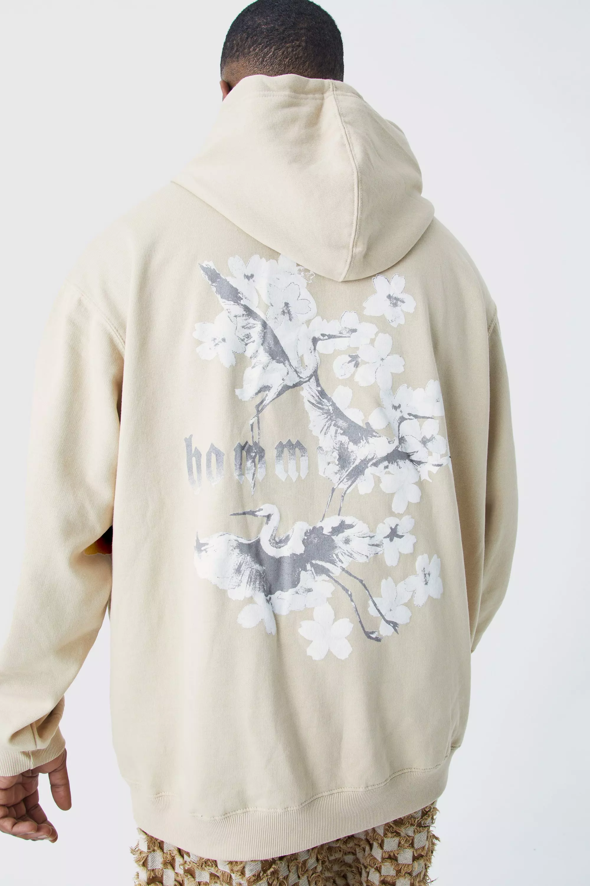Sand Beige Plus Oversized Homme Blossom Graphic Hoodie