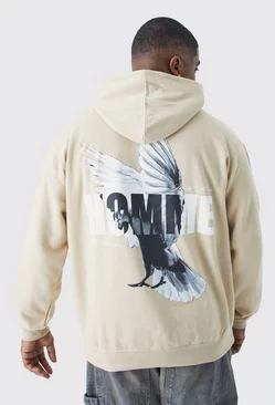 Plus Oversized Homme Dove Back Print Graphic Hoodie Sand