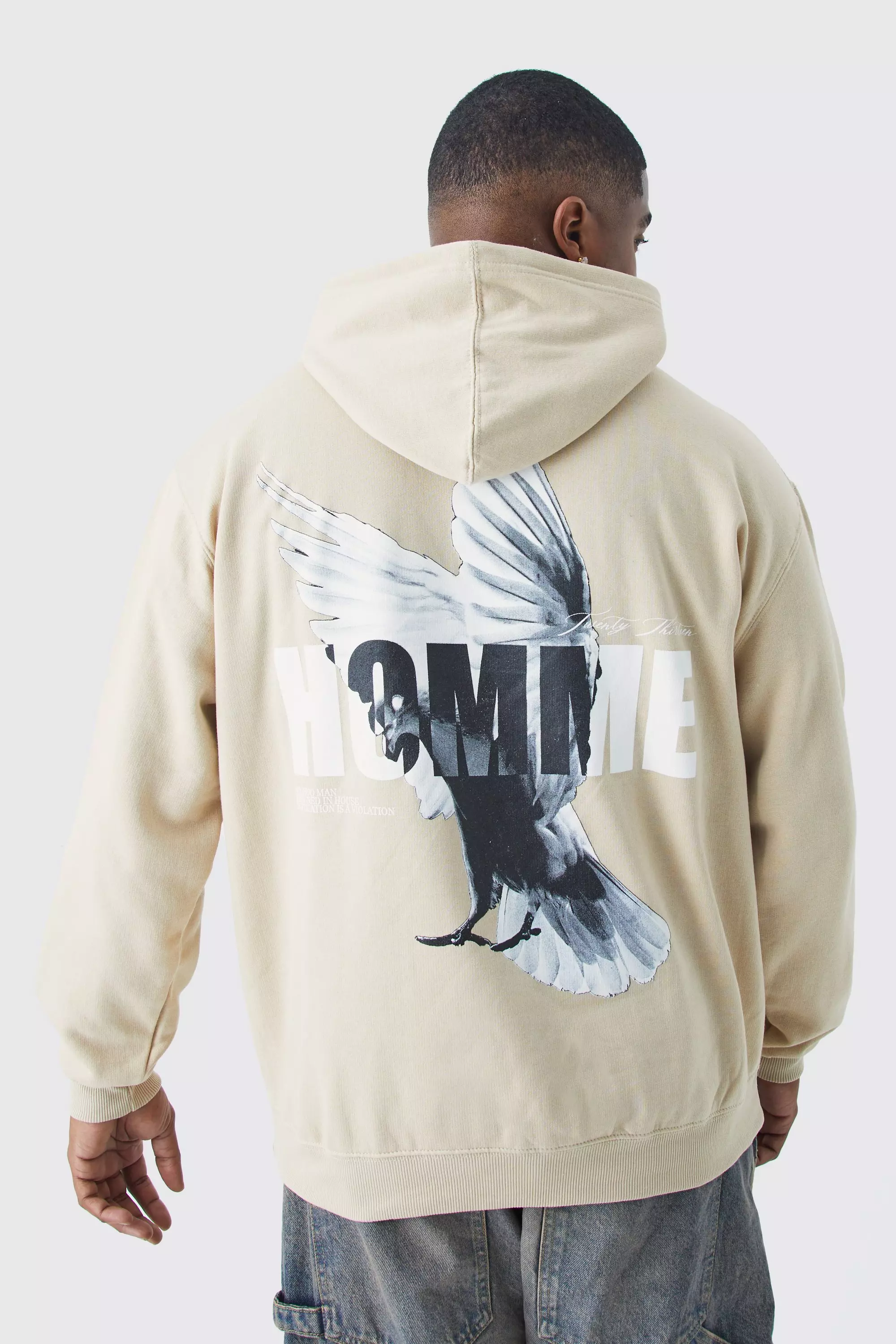 Sand Beige Plus Oversized Homme Dove Back Print Graphic Hoodie