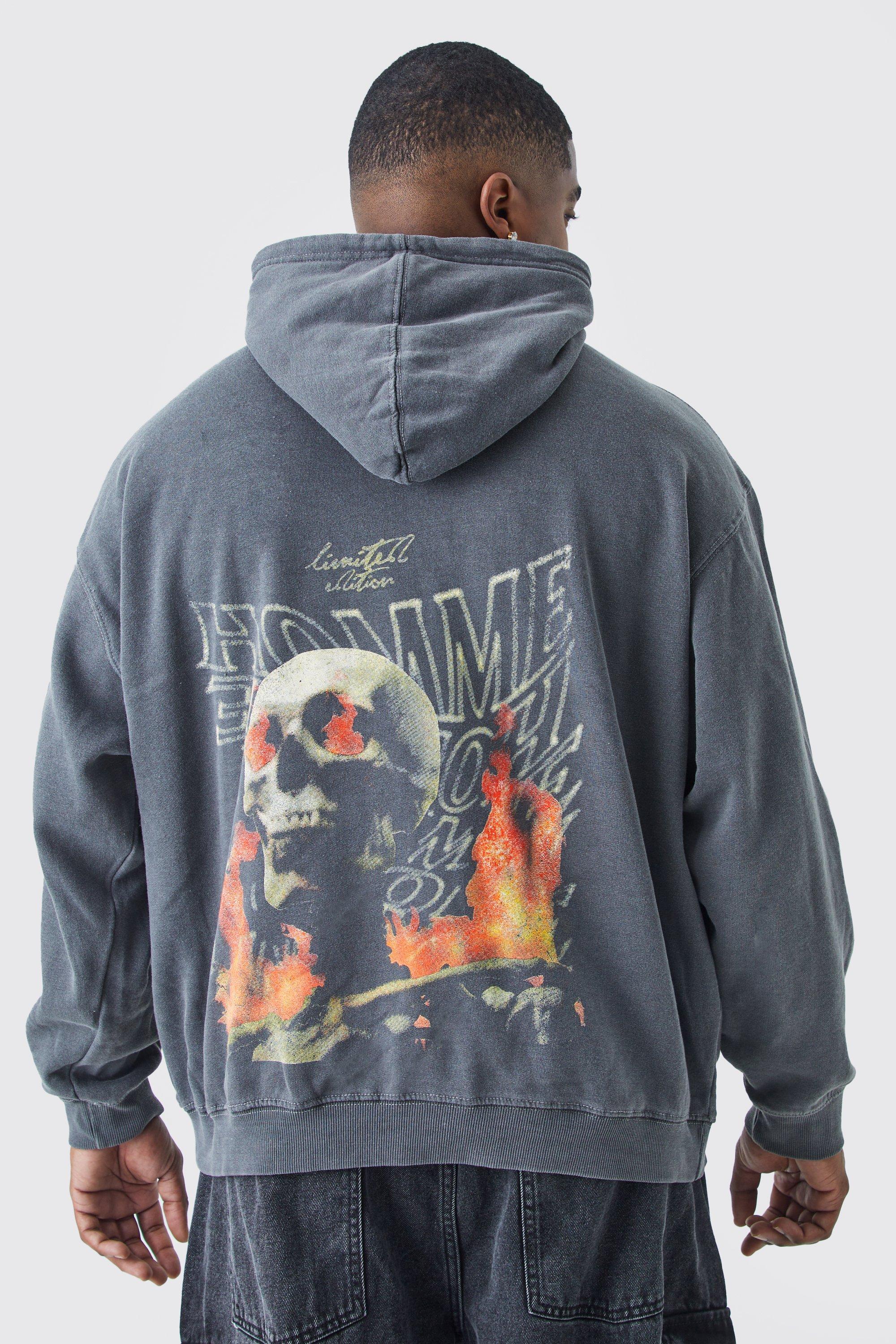 Plus Oversized Acid Wash Skull Print Hoodie | boohooMAN USA