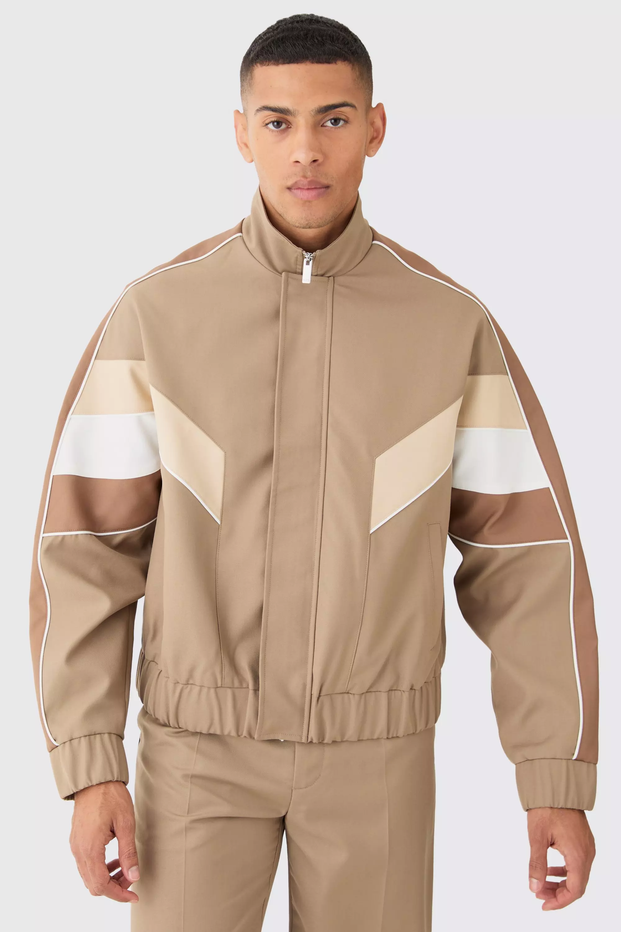 Taupe Beige Colour Block Relaxed Fit Tailored Track Jacket