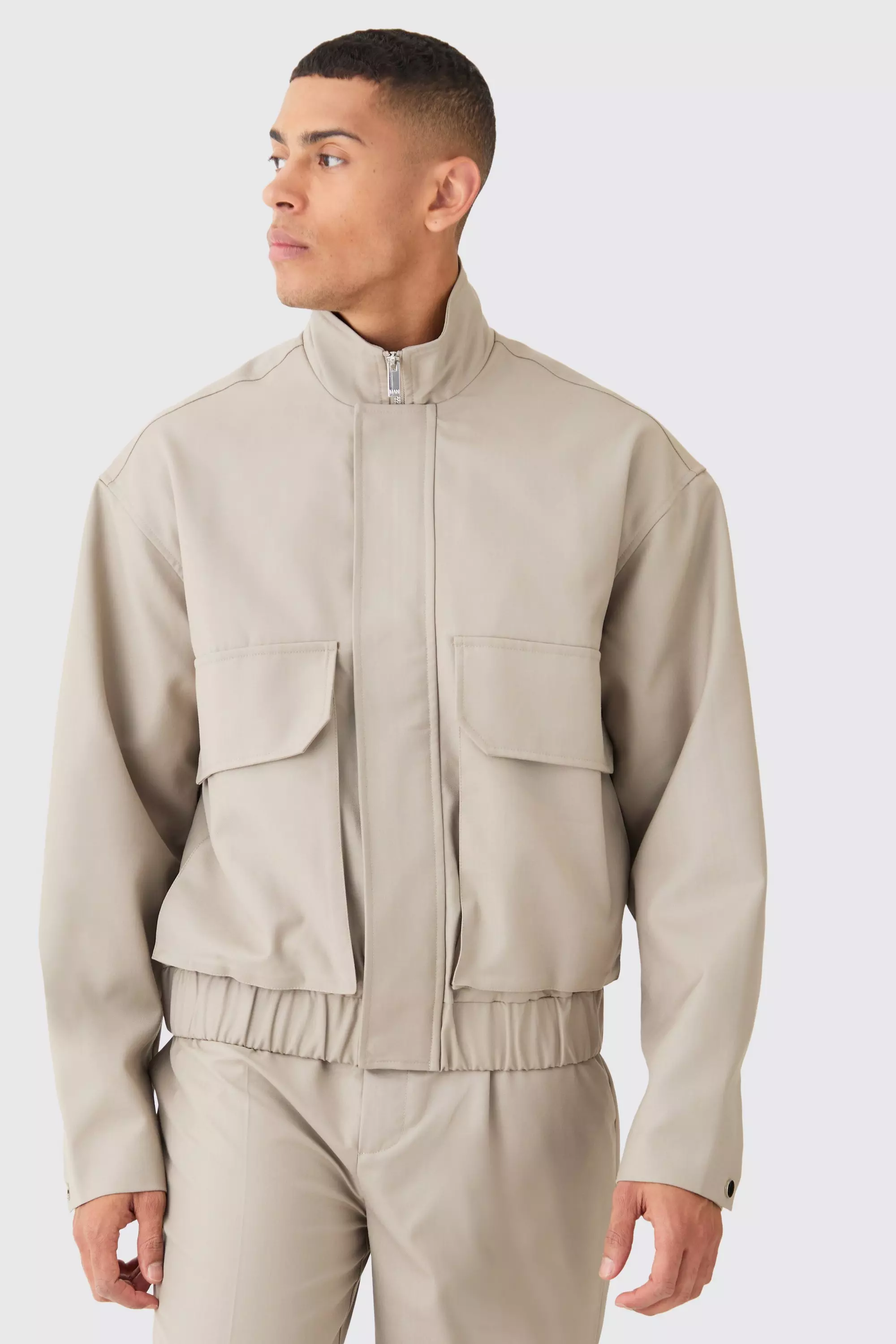 Stone Beige Funnel Neck Cargo Pocket Smart Jacket