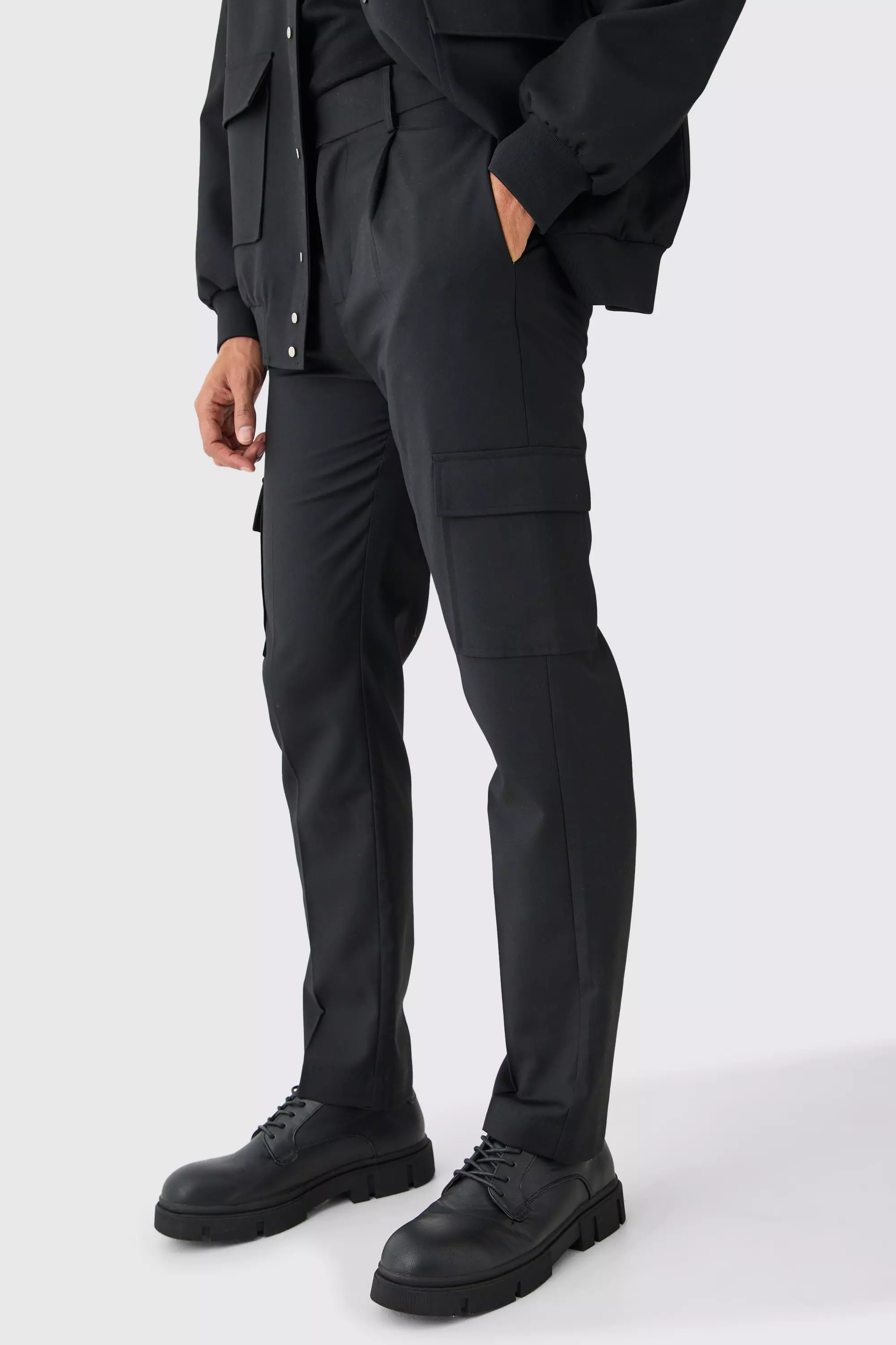Tailored Cargo Pocket Straight Leg Trousers Black