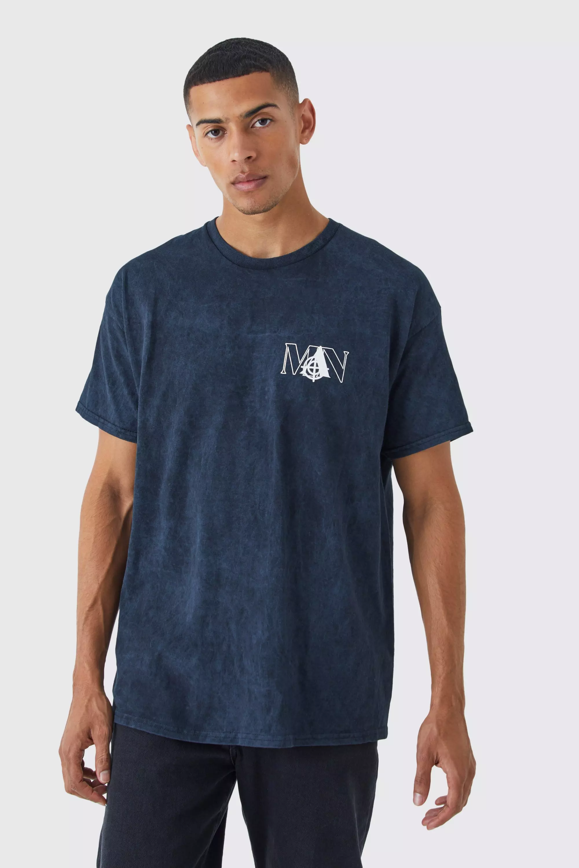 Oversized Acid Wash Man Graphic T-shirt Black