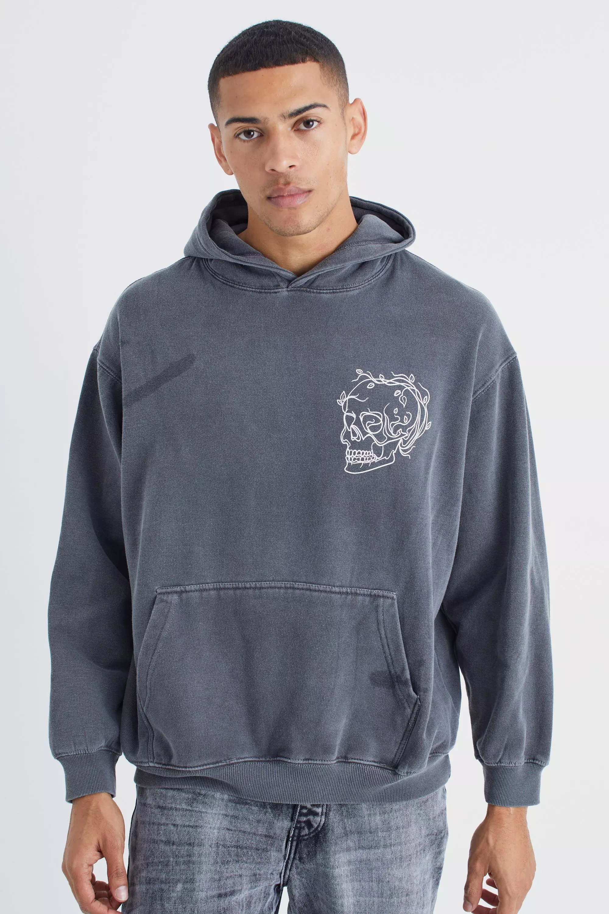 Charcoal Grey Oversized Overdye Stencil Graphic Hoodie