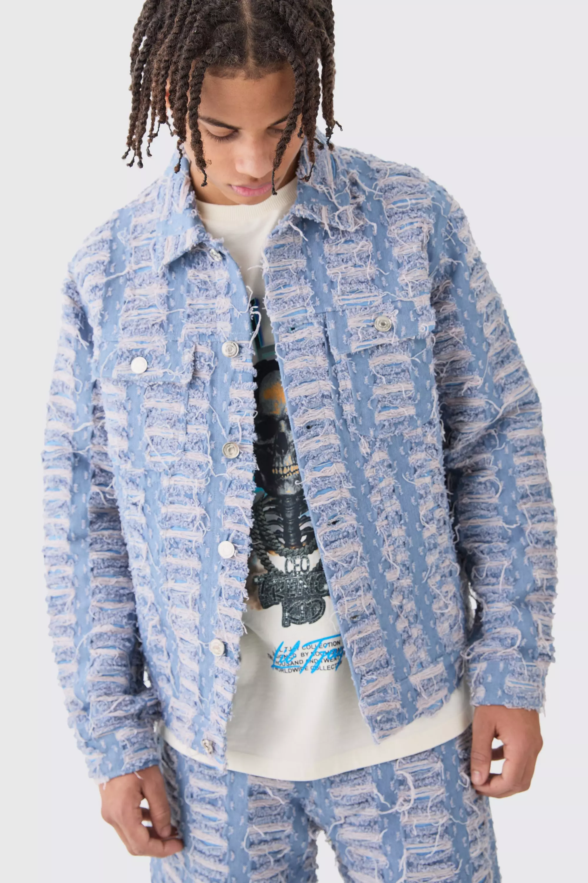 All Over Distressed Jean Jacket Light blue