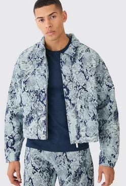 Blue Boxy Fit Fabric Interest Distressed Denim Jacket