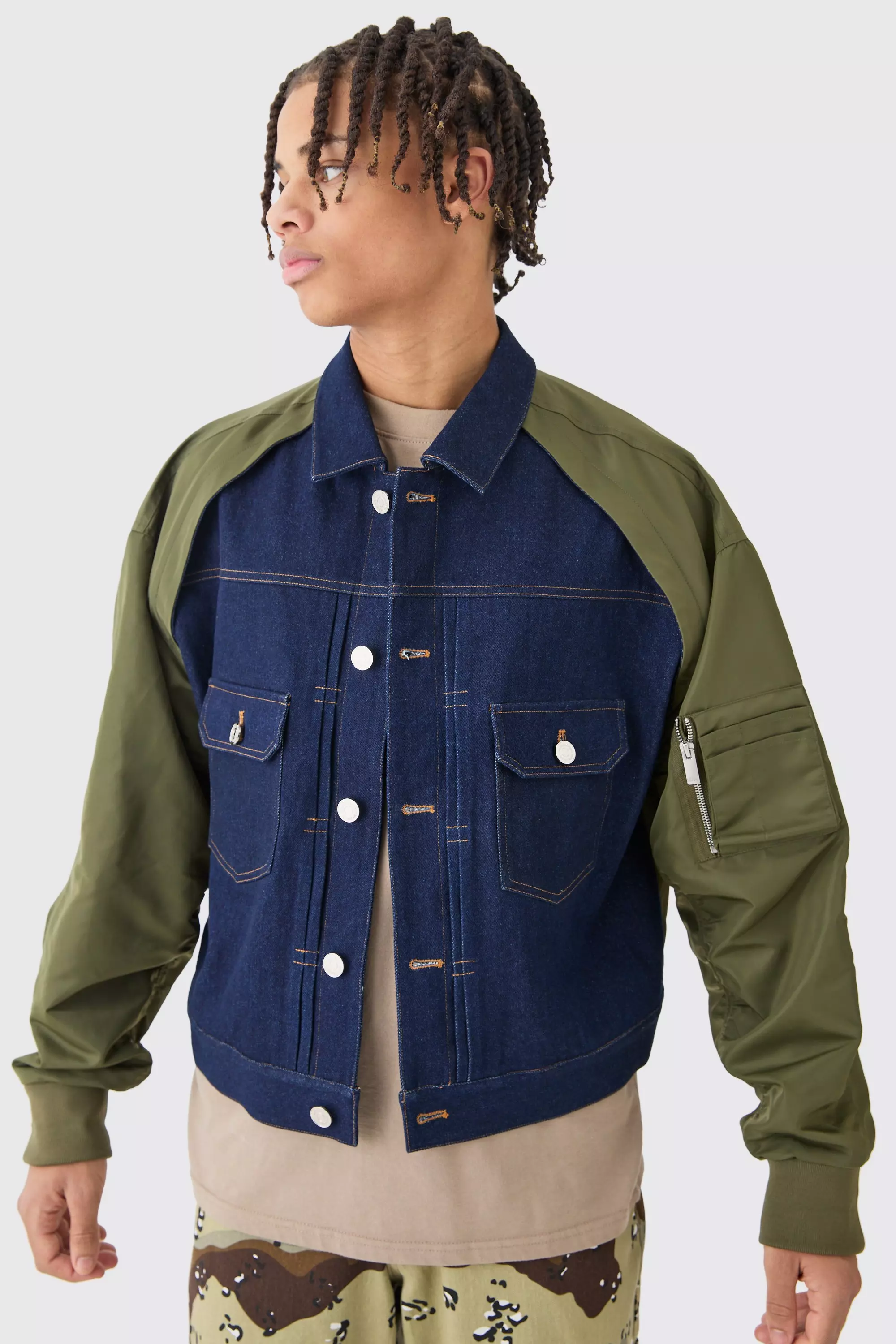 Nylon And Denim Boxy Fit Jacket Dark blue