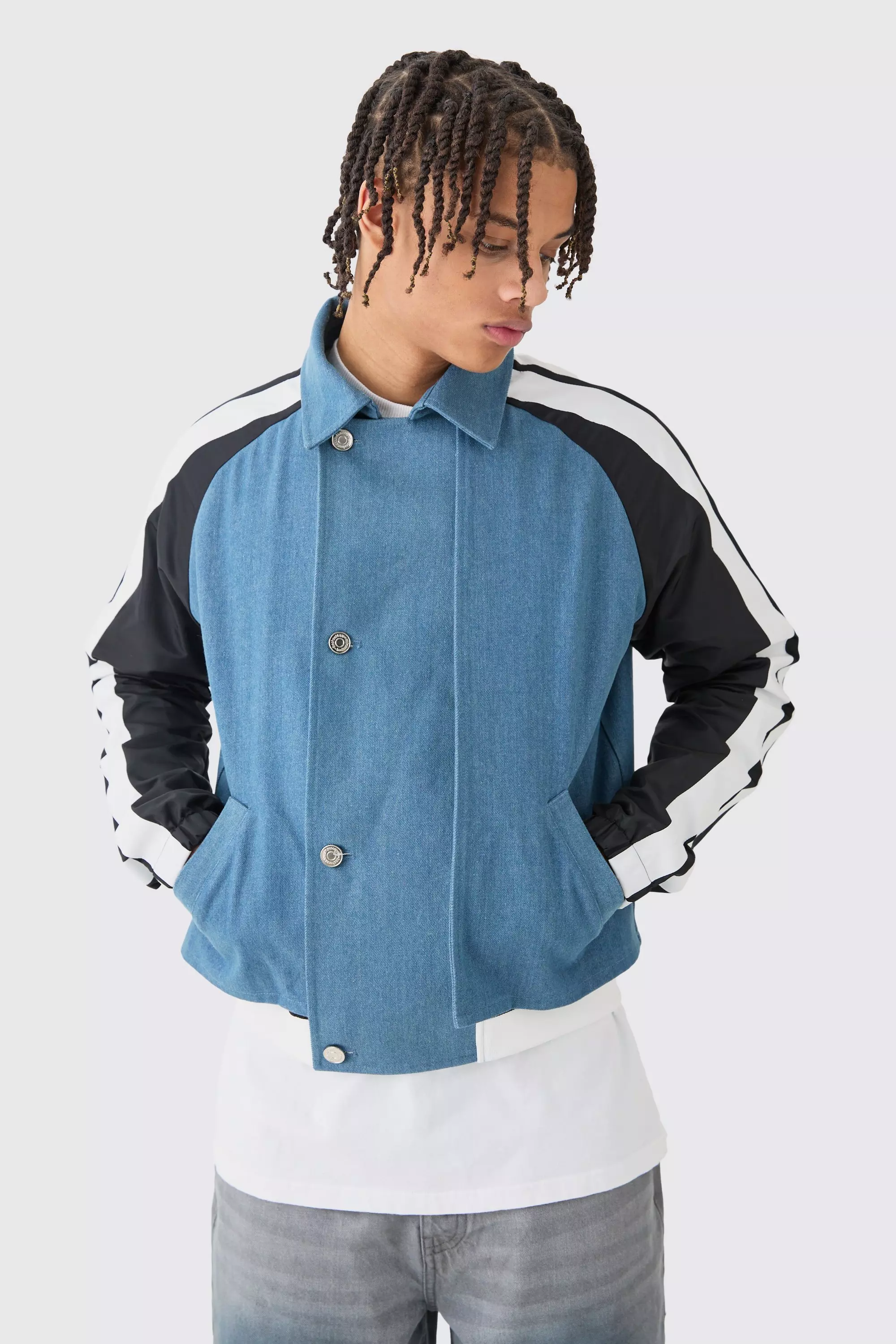 Denim And Nylon Hybrid Layered Boxy Jacket With Tape Detail Mid blue