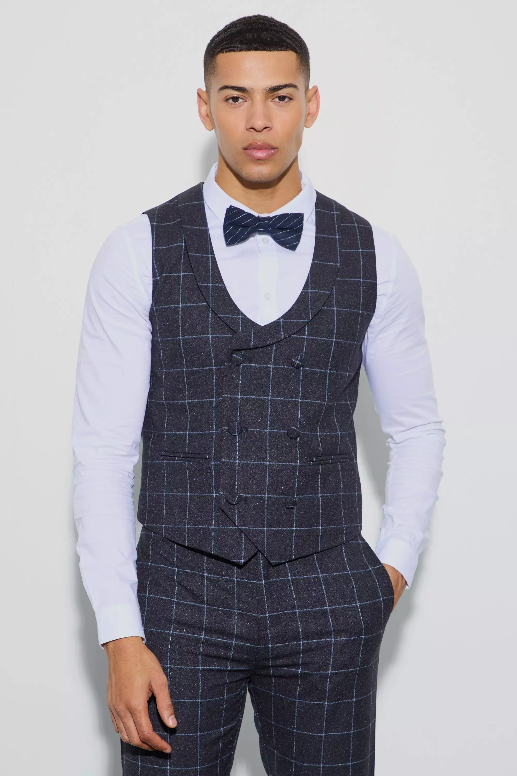 Window Plaid Double Breasted Vest Black