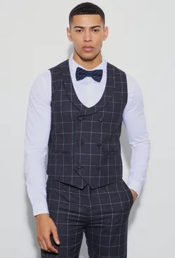 Window Check Double Breasted Waistcoat Black