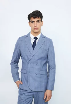 Window Check Double Brested Slim Fit Blazer Blue
