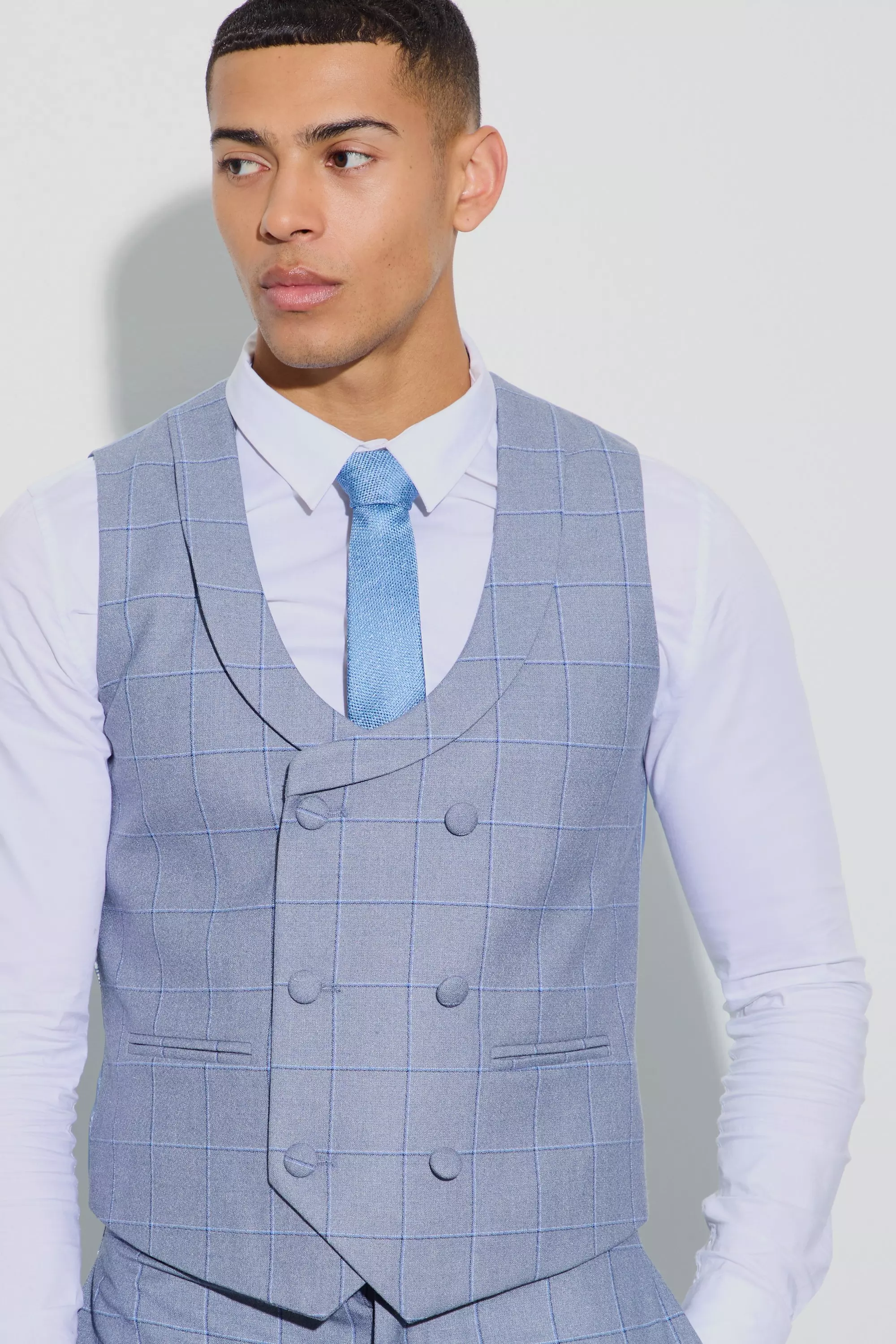 Blue Geruite Gilet Met Dubbele Knopen alternatieve afbeelding
