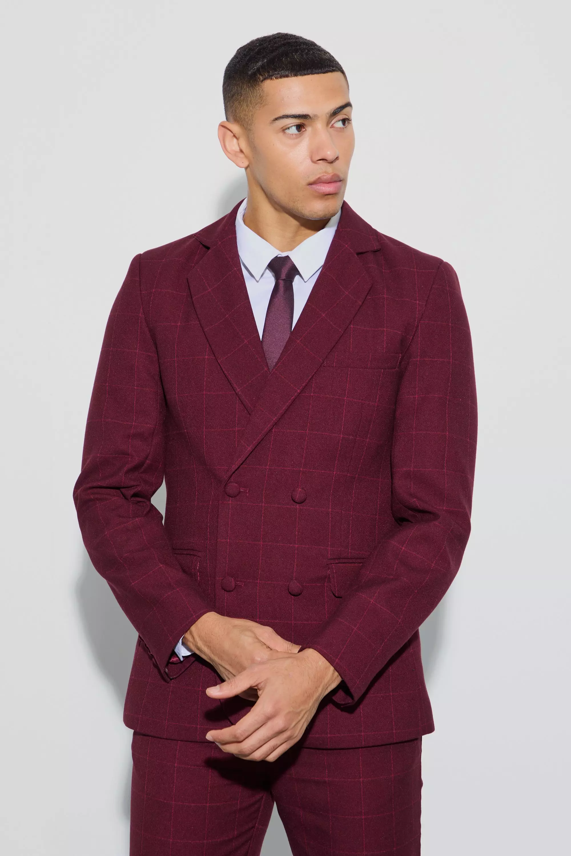 Window Plaid Double Breasted Slim Fit Blazer Chocolate