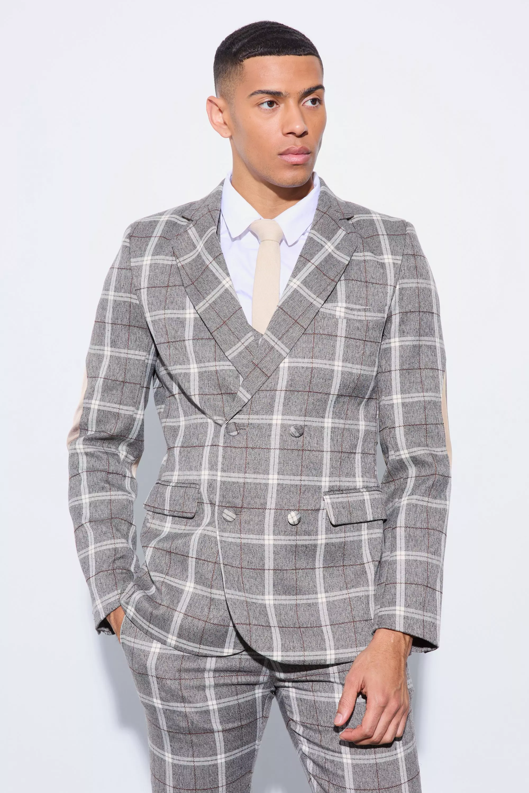 Brown Herringbone Plaid Contrast Sleeve Panel Fitted Blazer