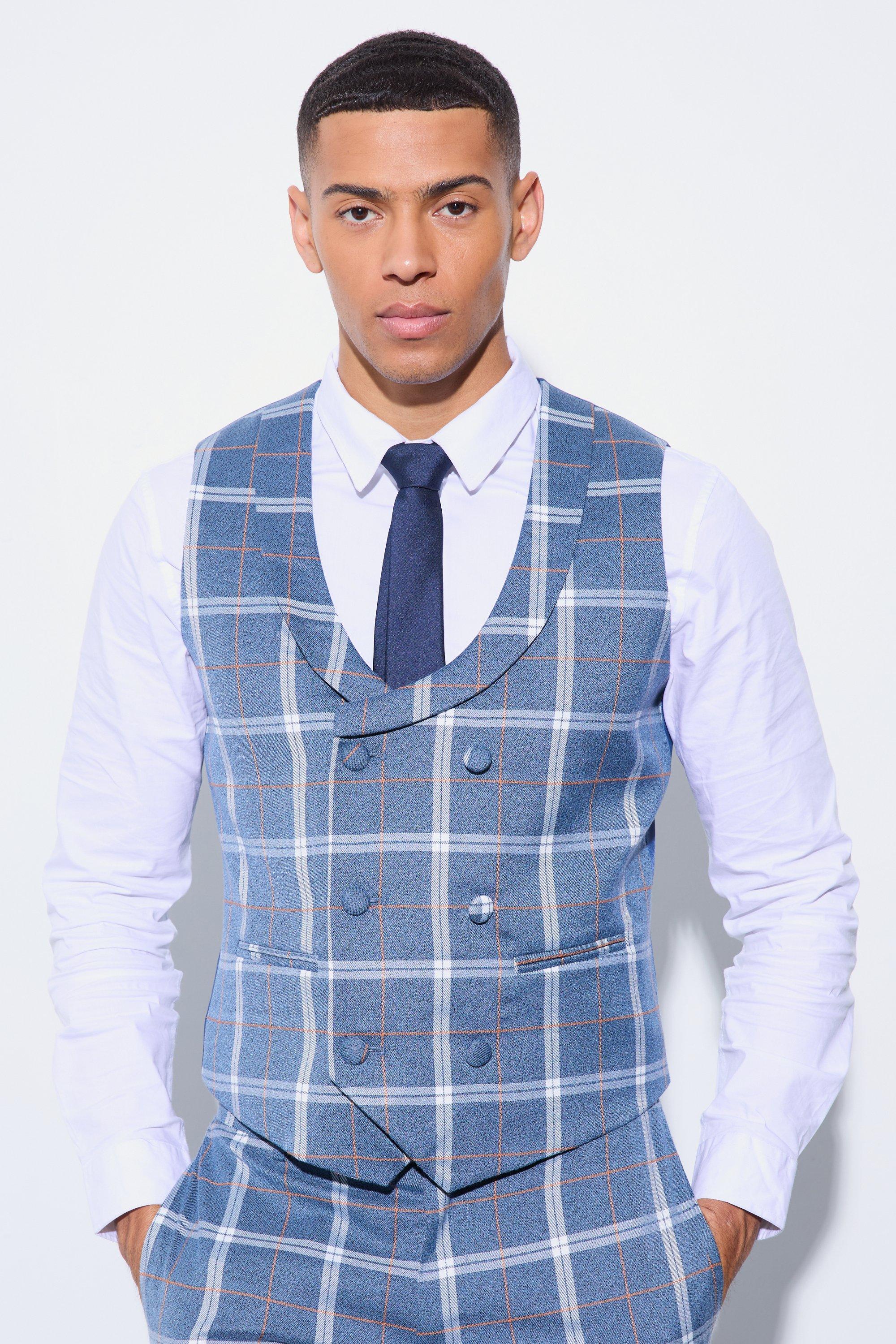 Herringbone Check Double Breasted Waistcoat boohooMAN USA