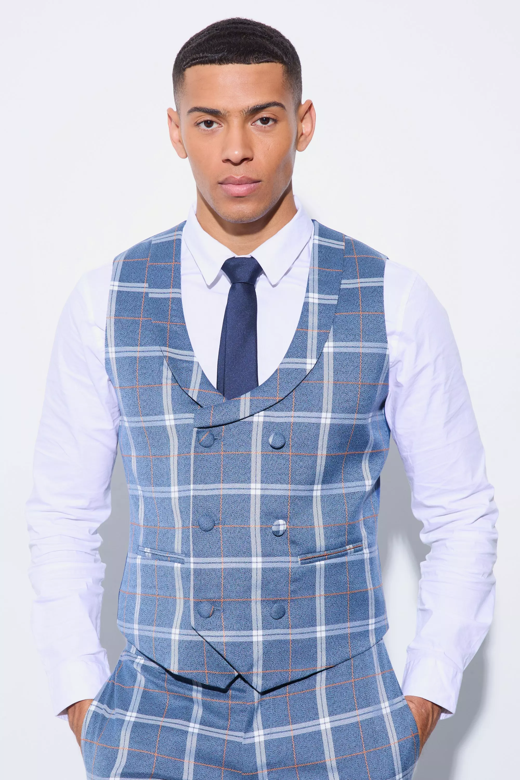 Herringbone Plaid Double Breasted Vest Blue