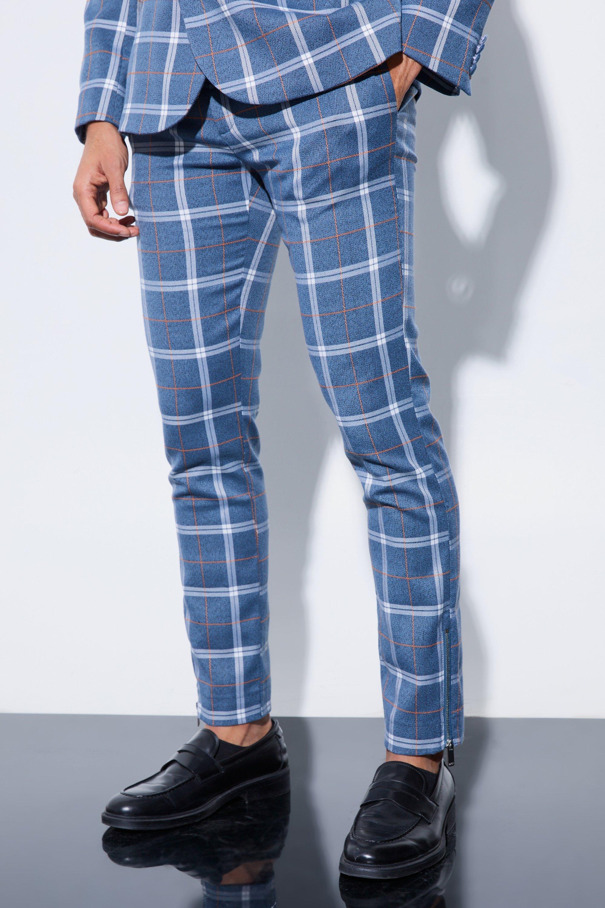 Karierte Herringbone Hose mit Reißverschluss, Blue