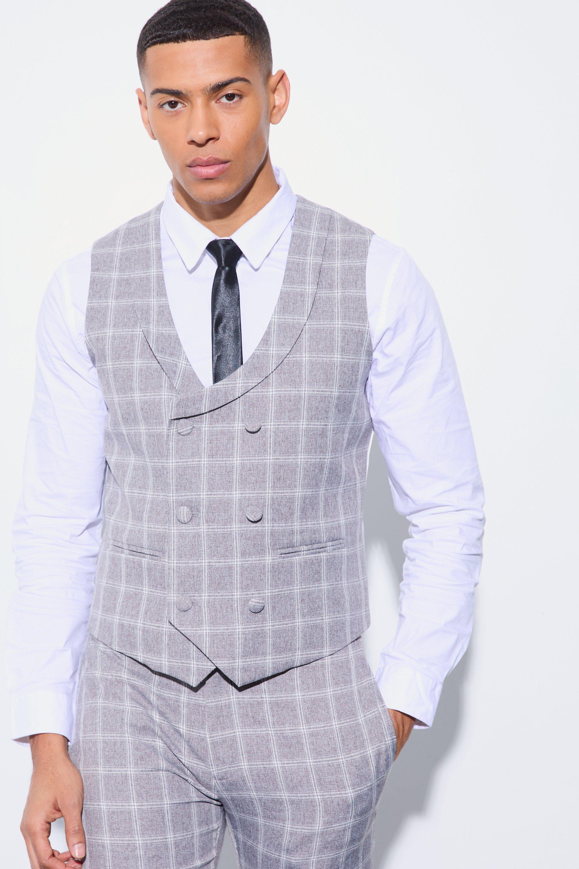 Taupe Herringbone Check Double Breasted Waistcoat