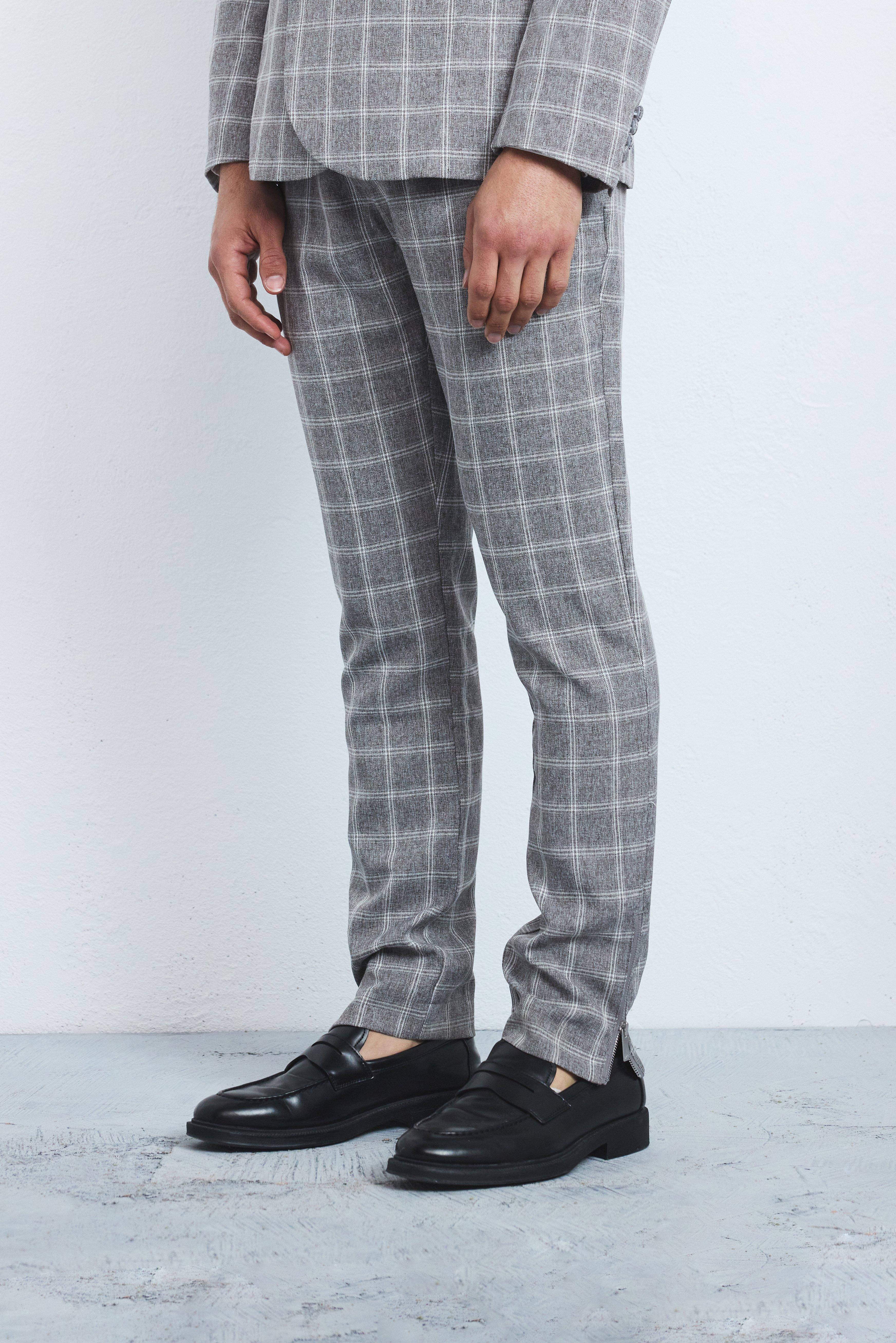 Pantaloni Sartoriali Skinny Fit A Quadri A Spina Di Pesce Con Zip Sul Fondo, Taupe