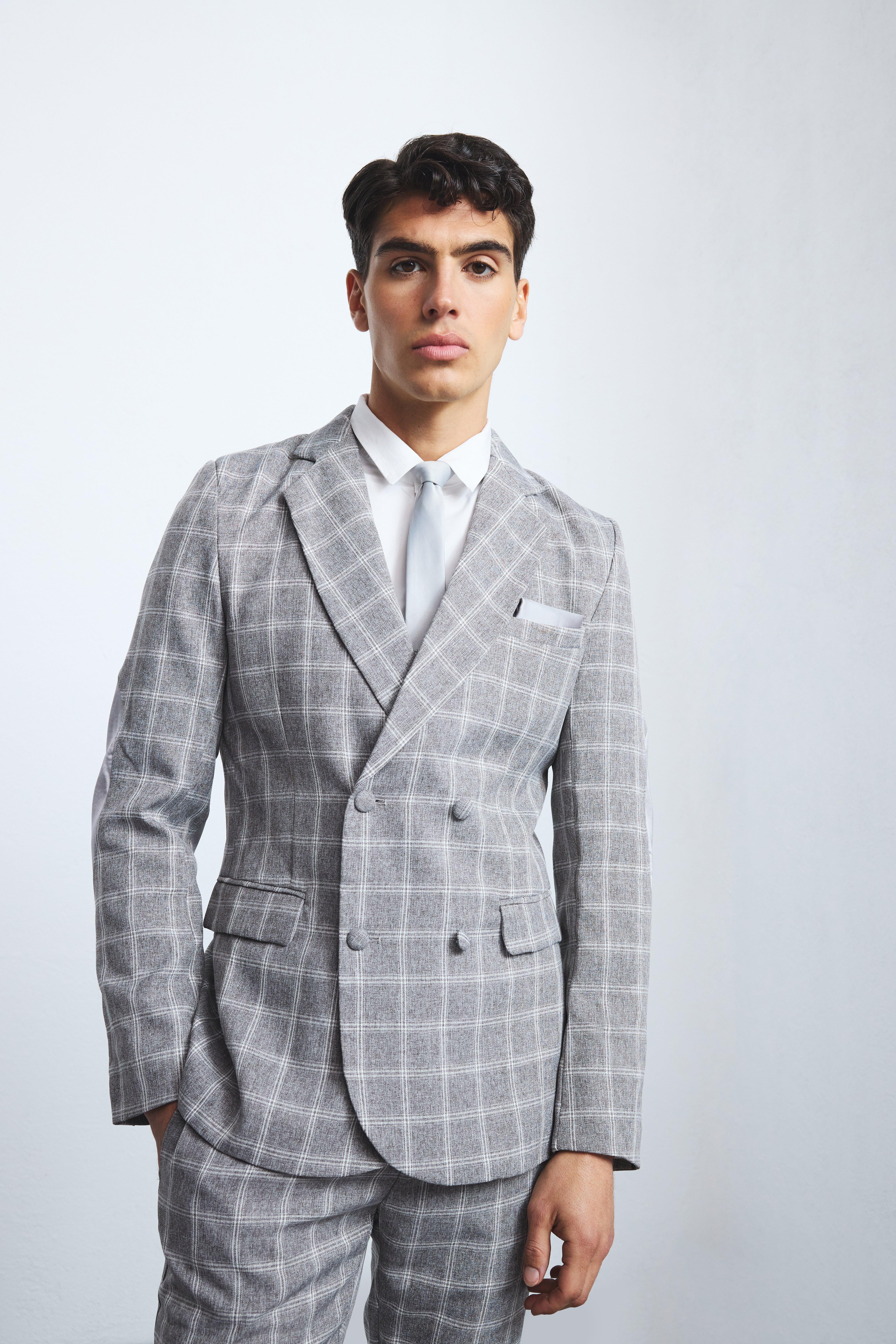 Taupe Herringbone Check Contrast Sleeve Panel Fitted Blazer