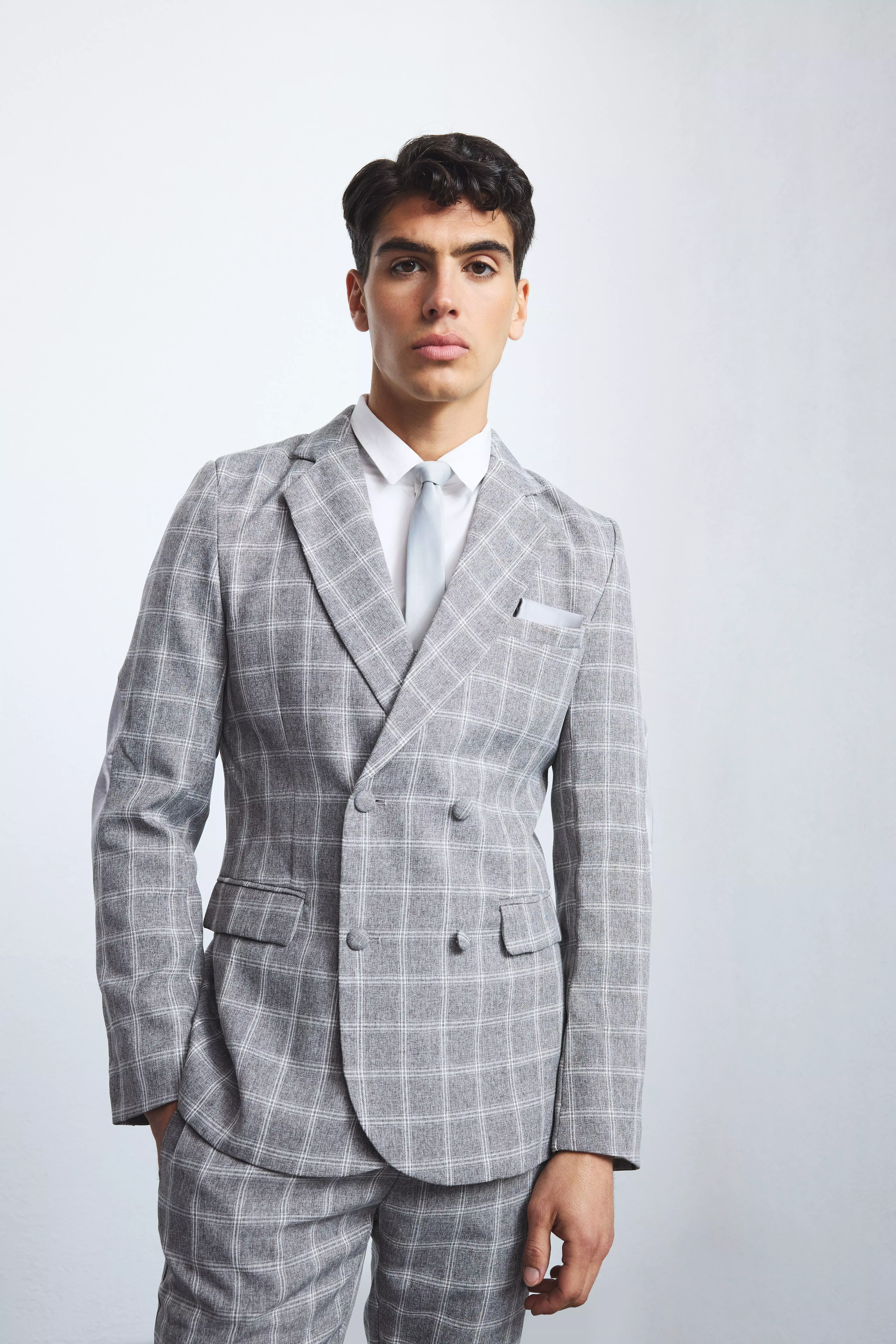 Herringbone Plaid Contrast Sleeve Panel Fitted Blazer Taupe