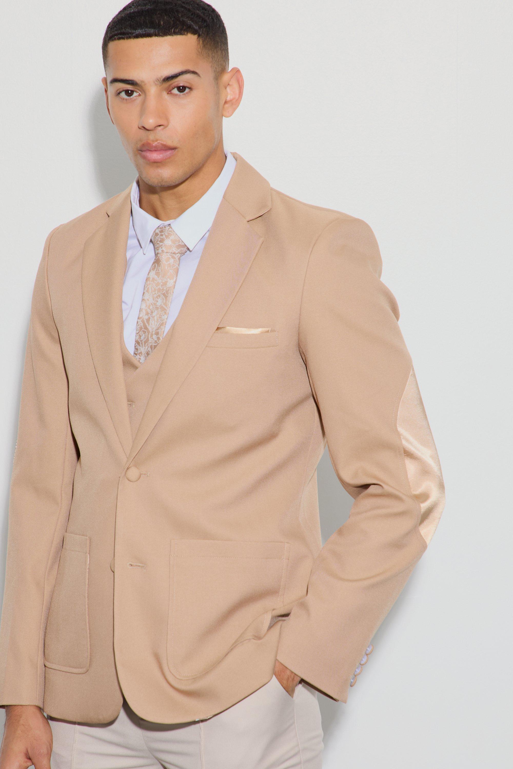 Tan Slim Fit Blazer Met Textuur En Elleboog Patches