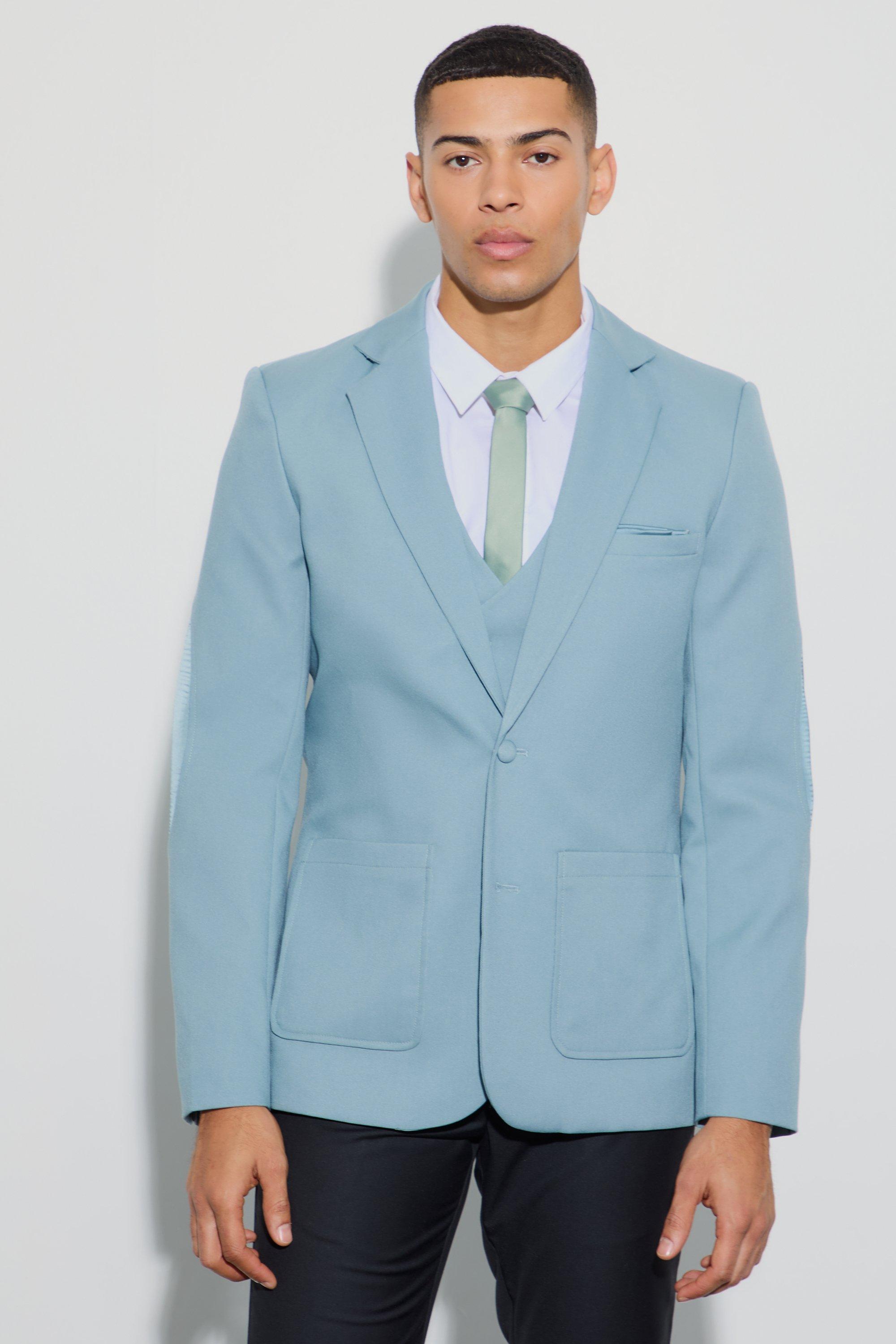 Teal Textured Elbow Patch Slim Fit Blazer