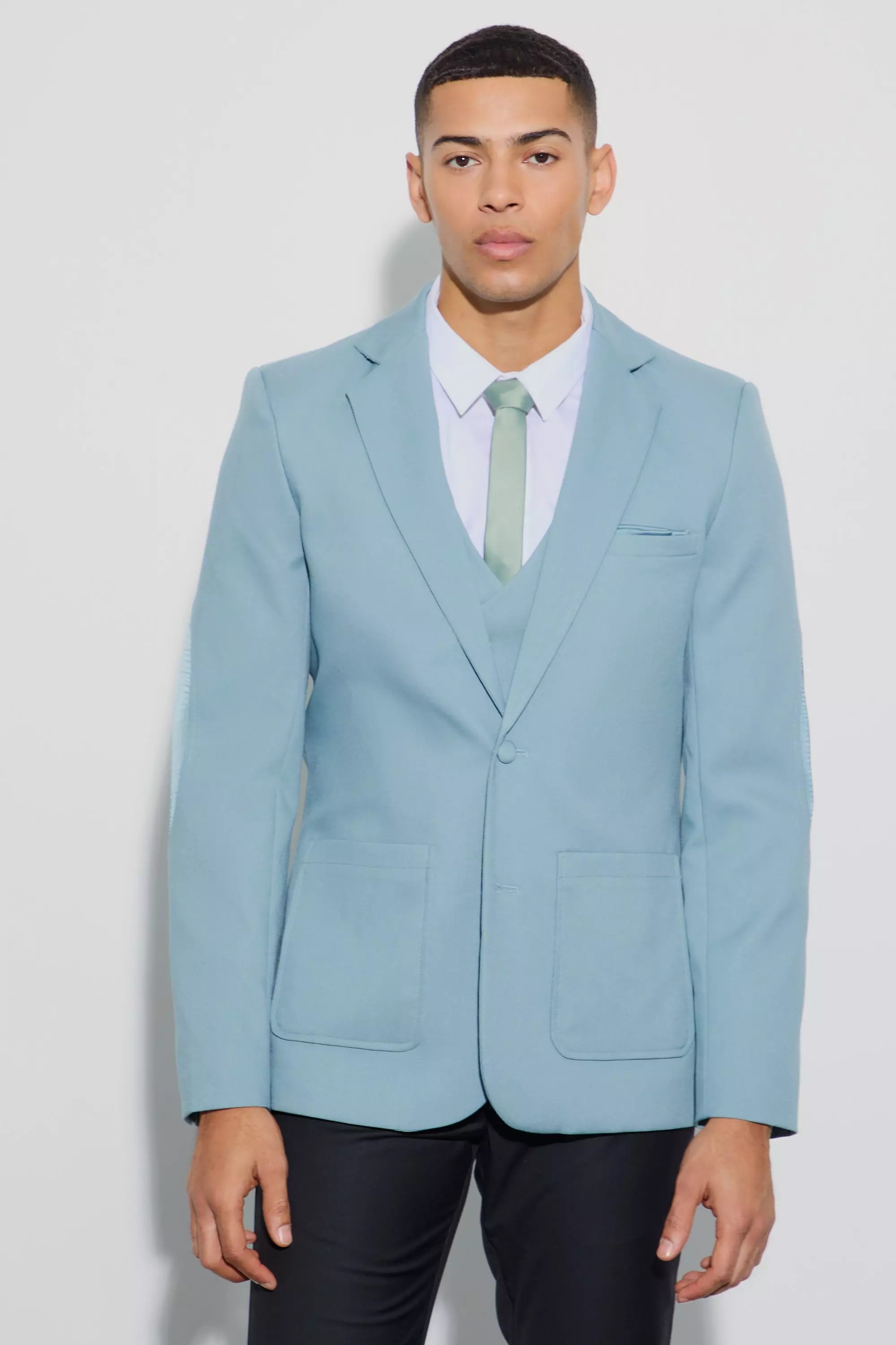 Teal Green Textured Elbow Patch Slim Fit Blazer