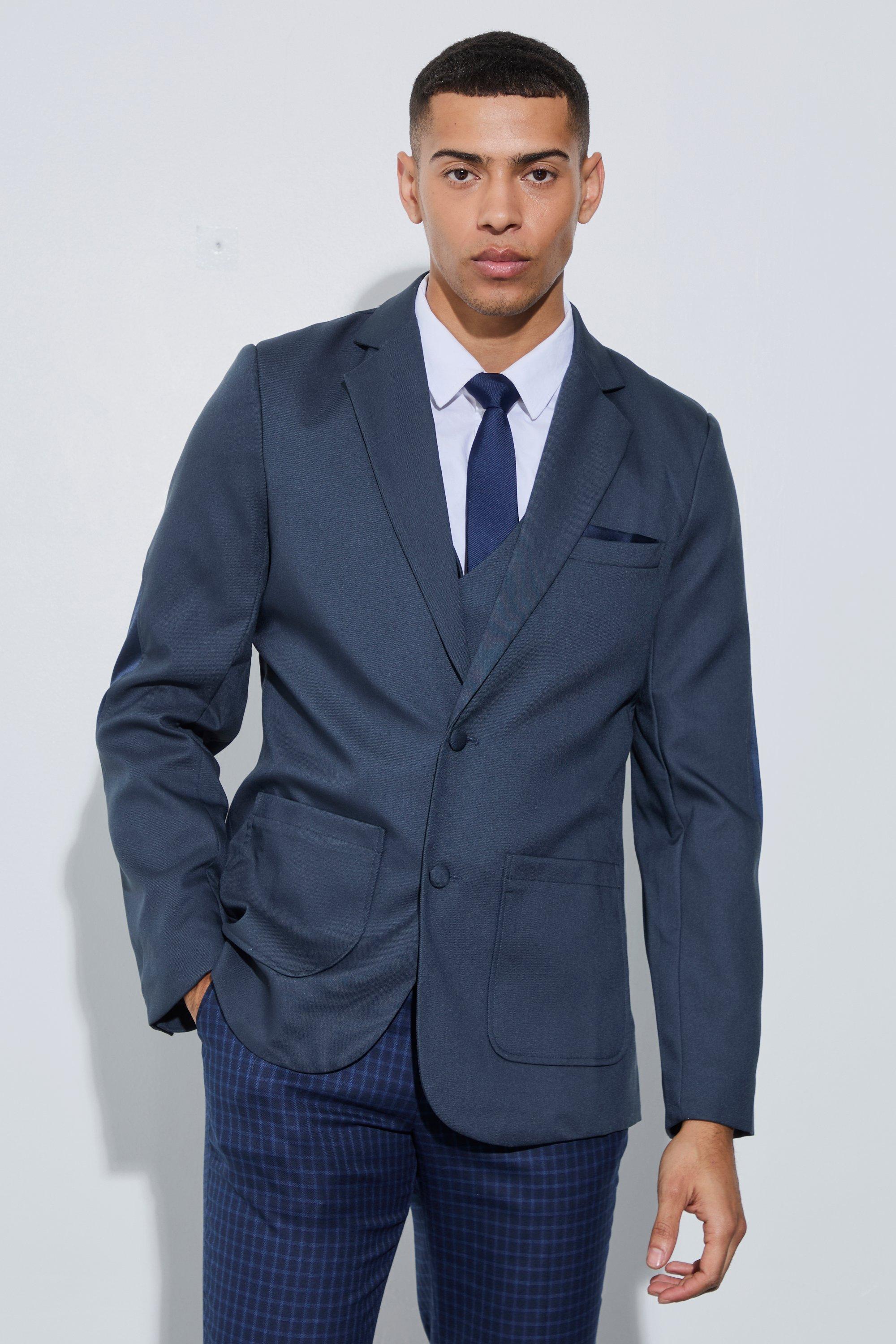 Navy Slim Fit Blazer Met Textuur En Elleboog Patches