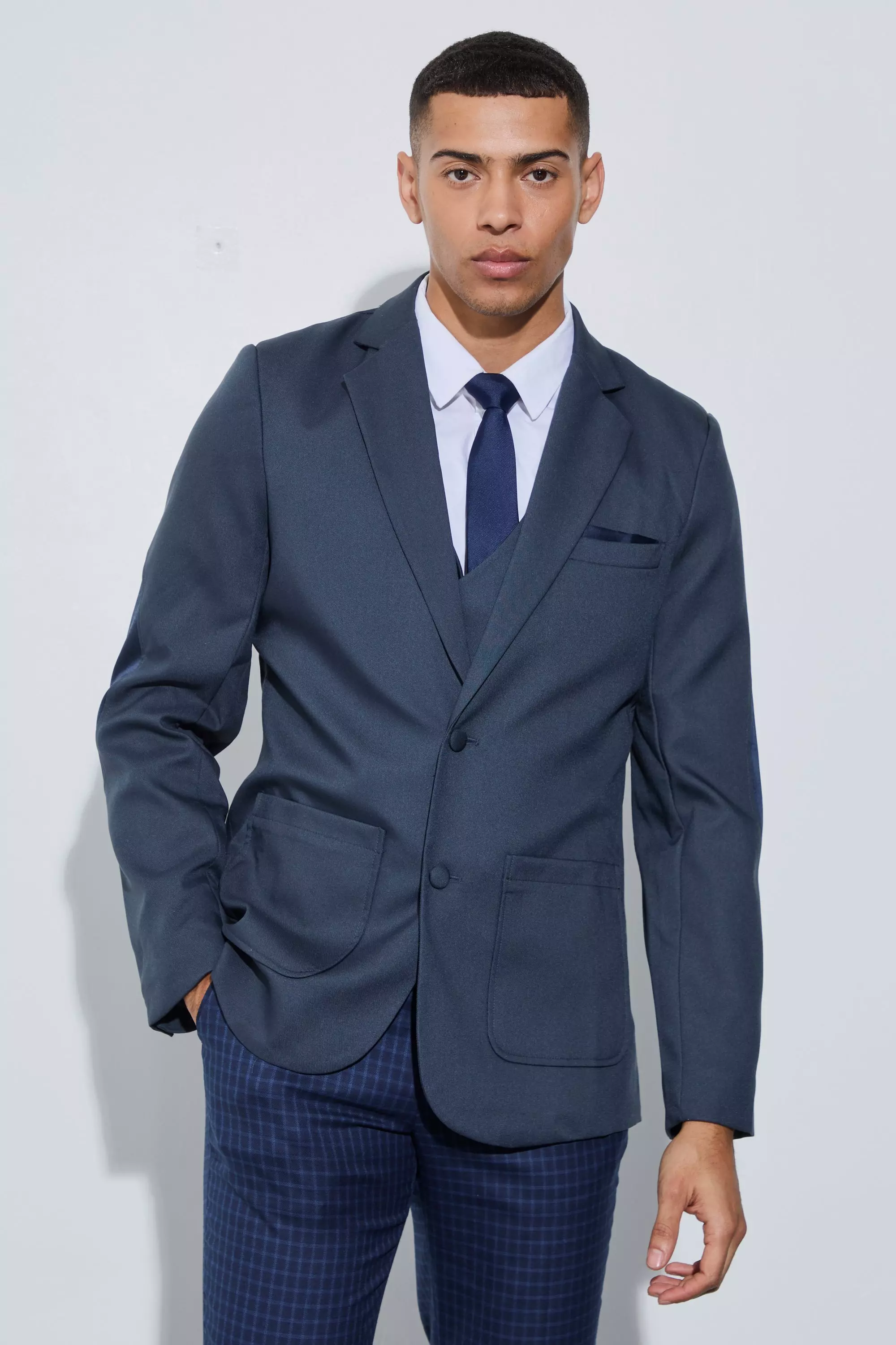 Textured Elbow Patch Slim Fit Blazer Navy