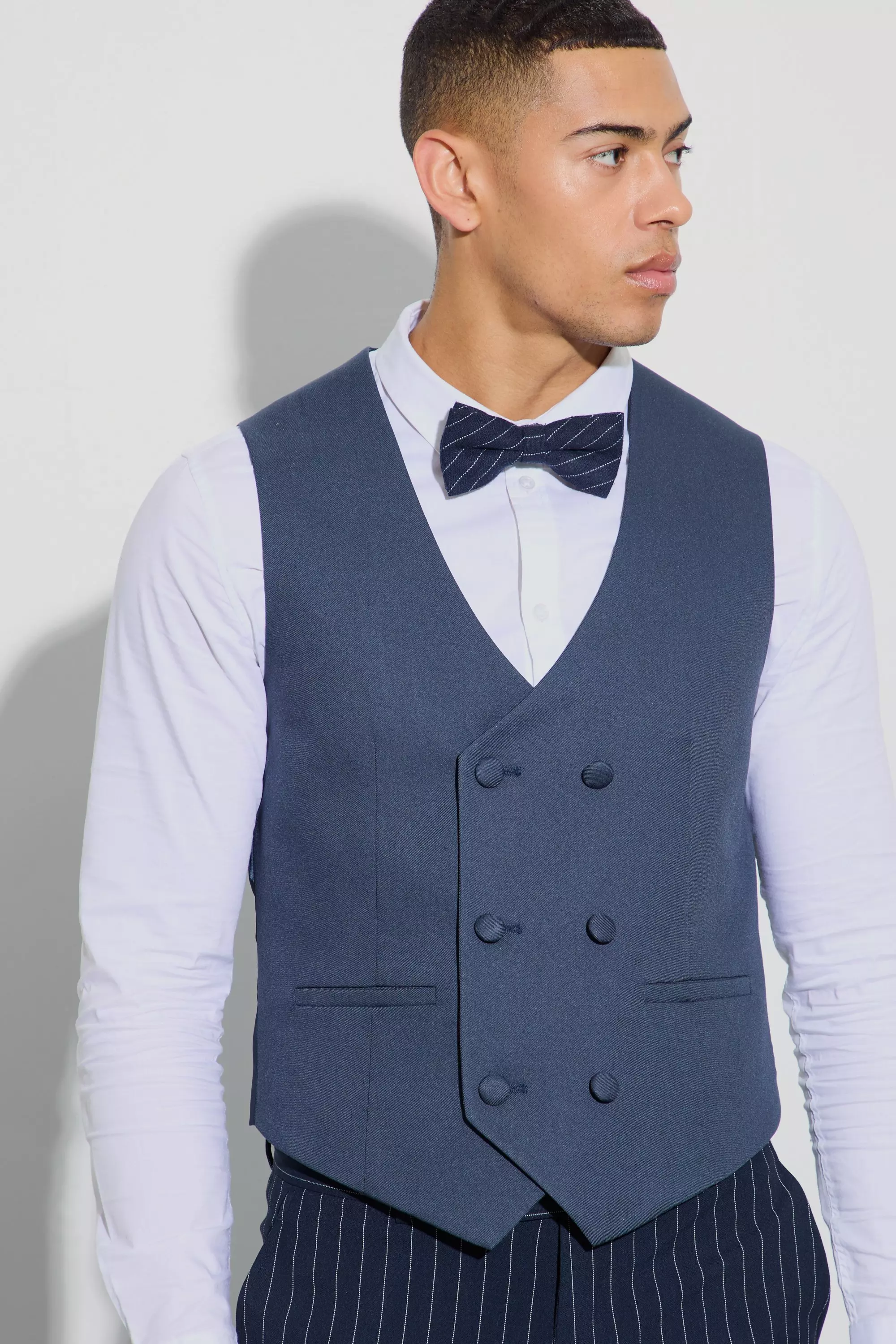 Navy Textured Double Breasted Vest