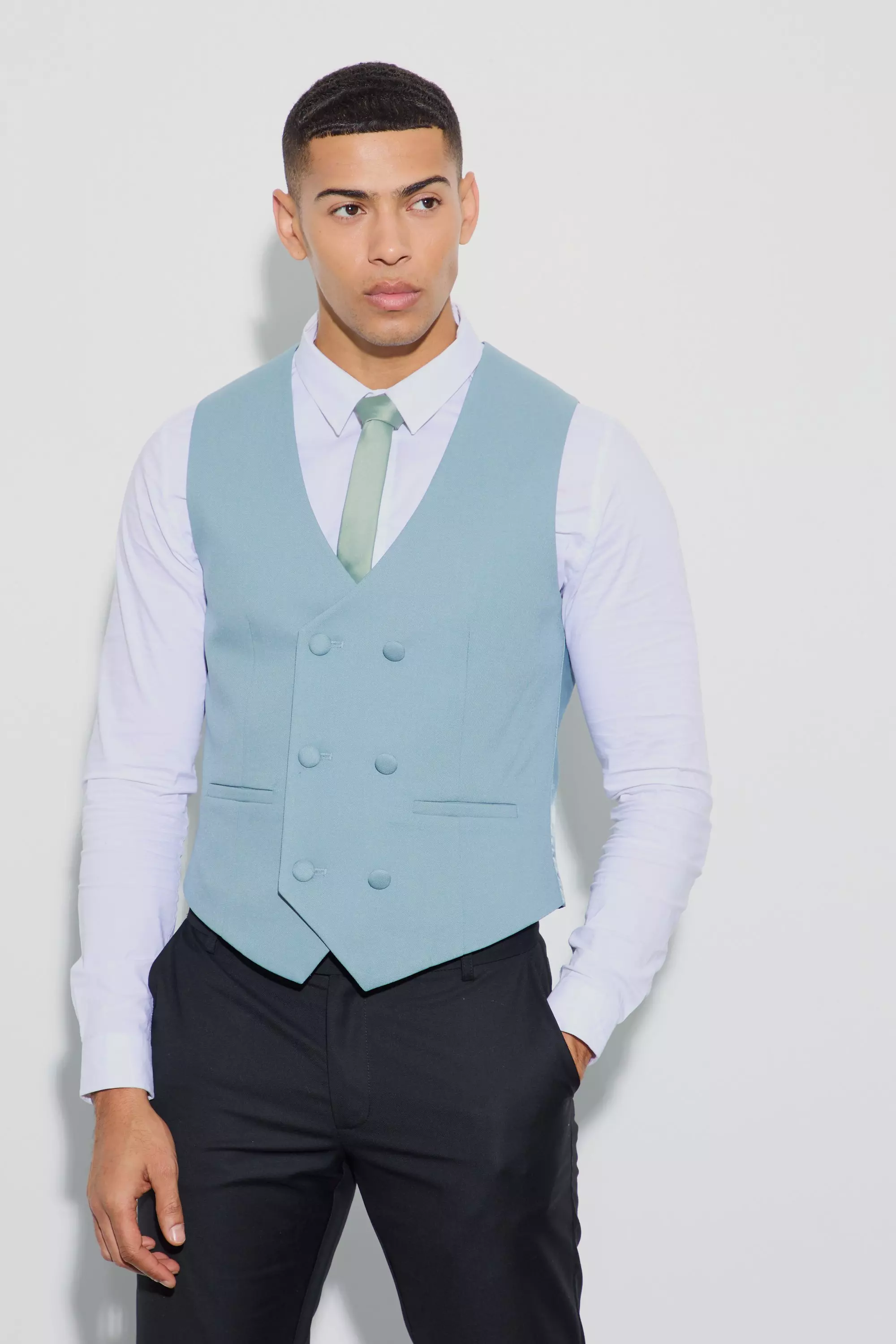 Teal Green Textured Double Breasted Vest