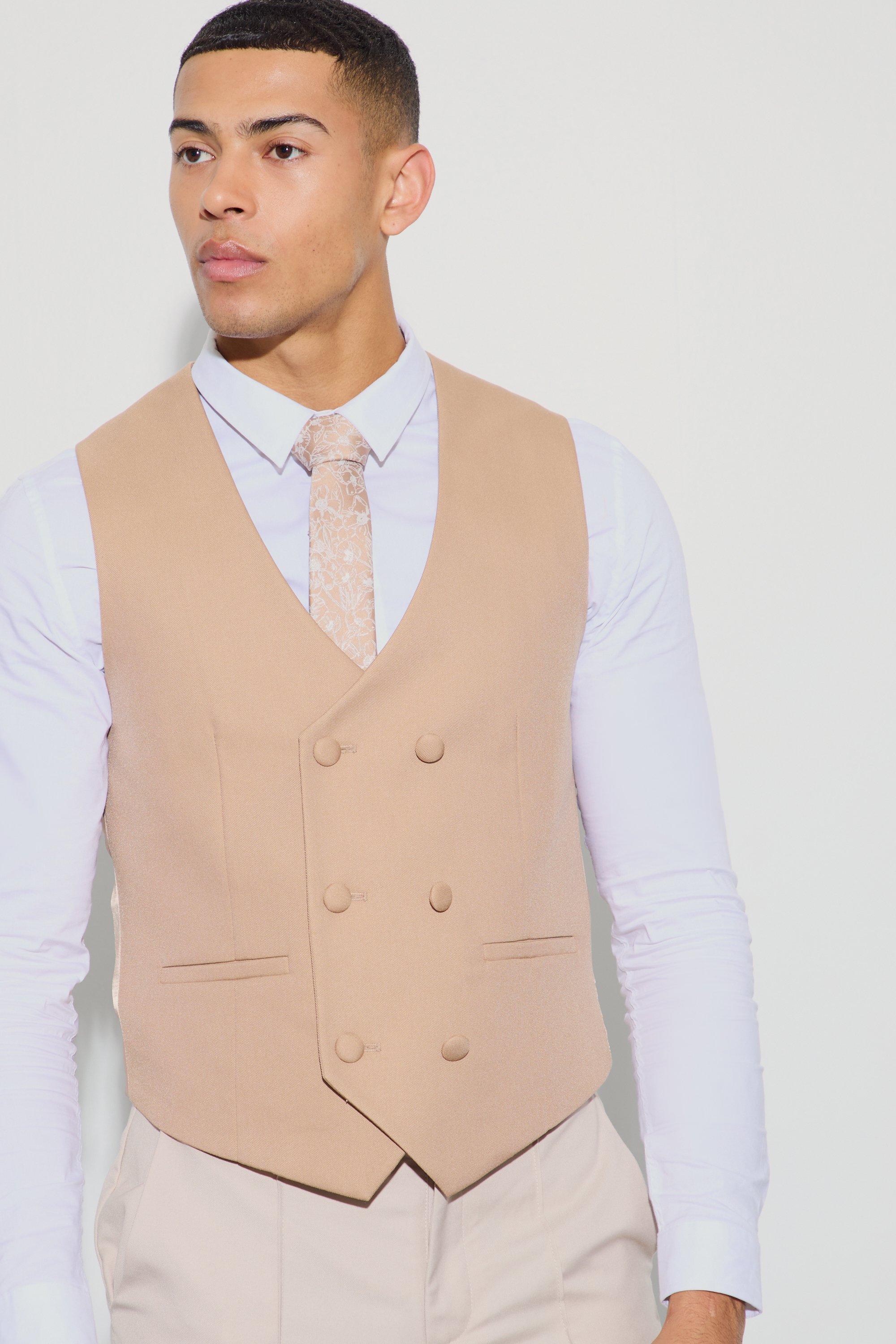 Tan Textured Double Breasted Waistcoat