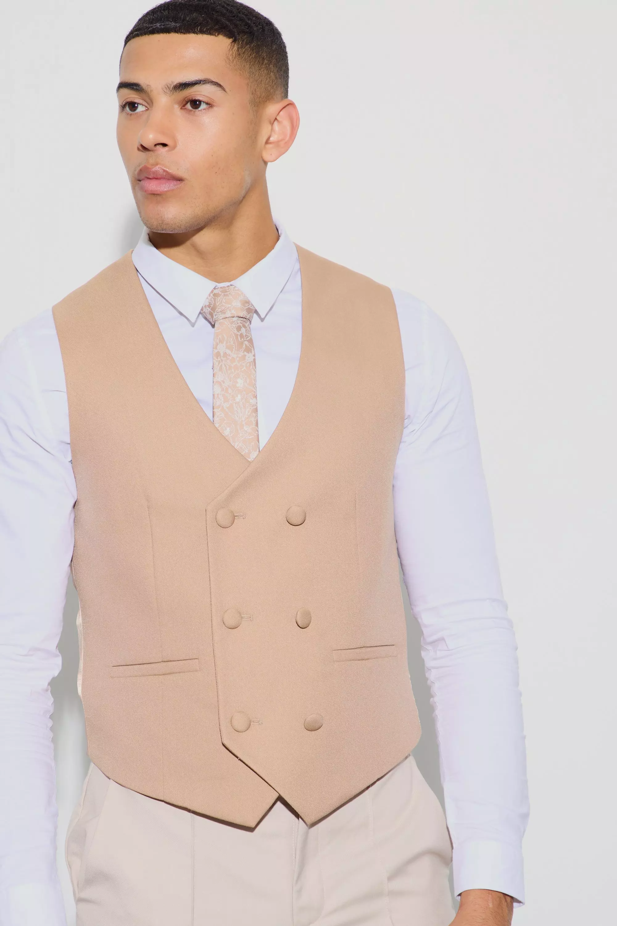 Textured Double Breasted Waistcoat Tan