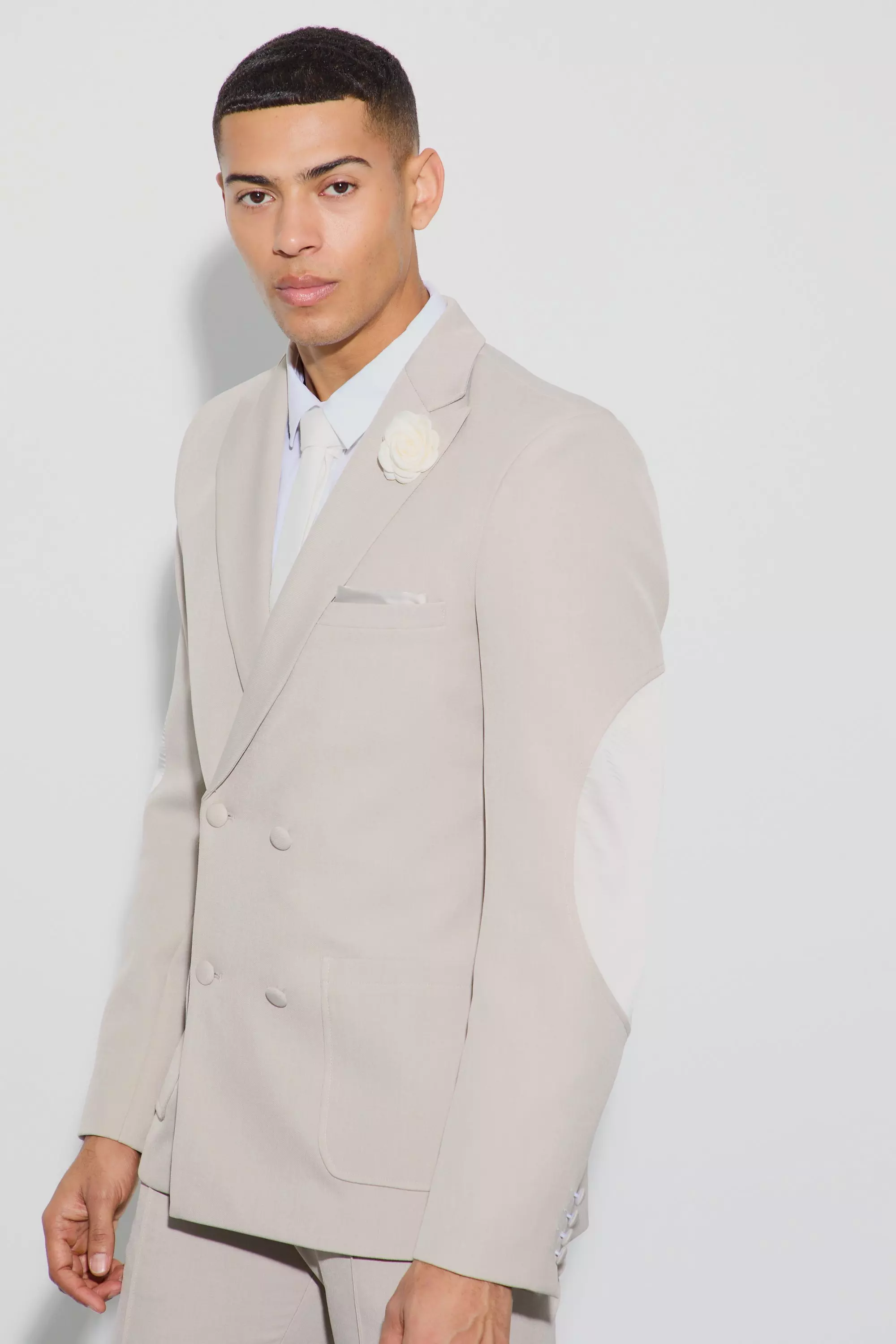 Stone Beige Textured Double Breasted Elbow Patch Blazer