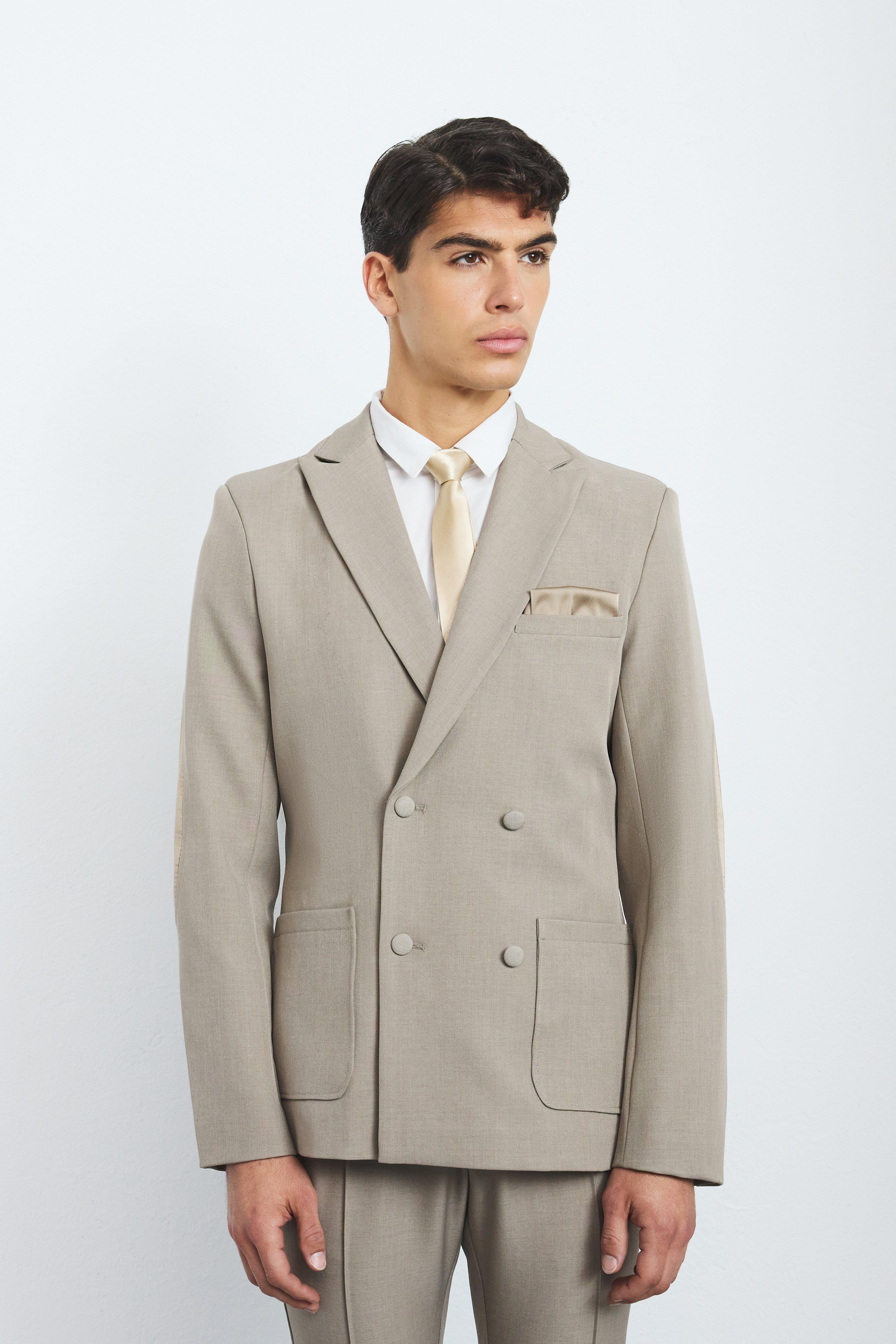 Strukturierter zweireihiger Blazer mit Aufnähern, Taupe