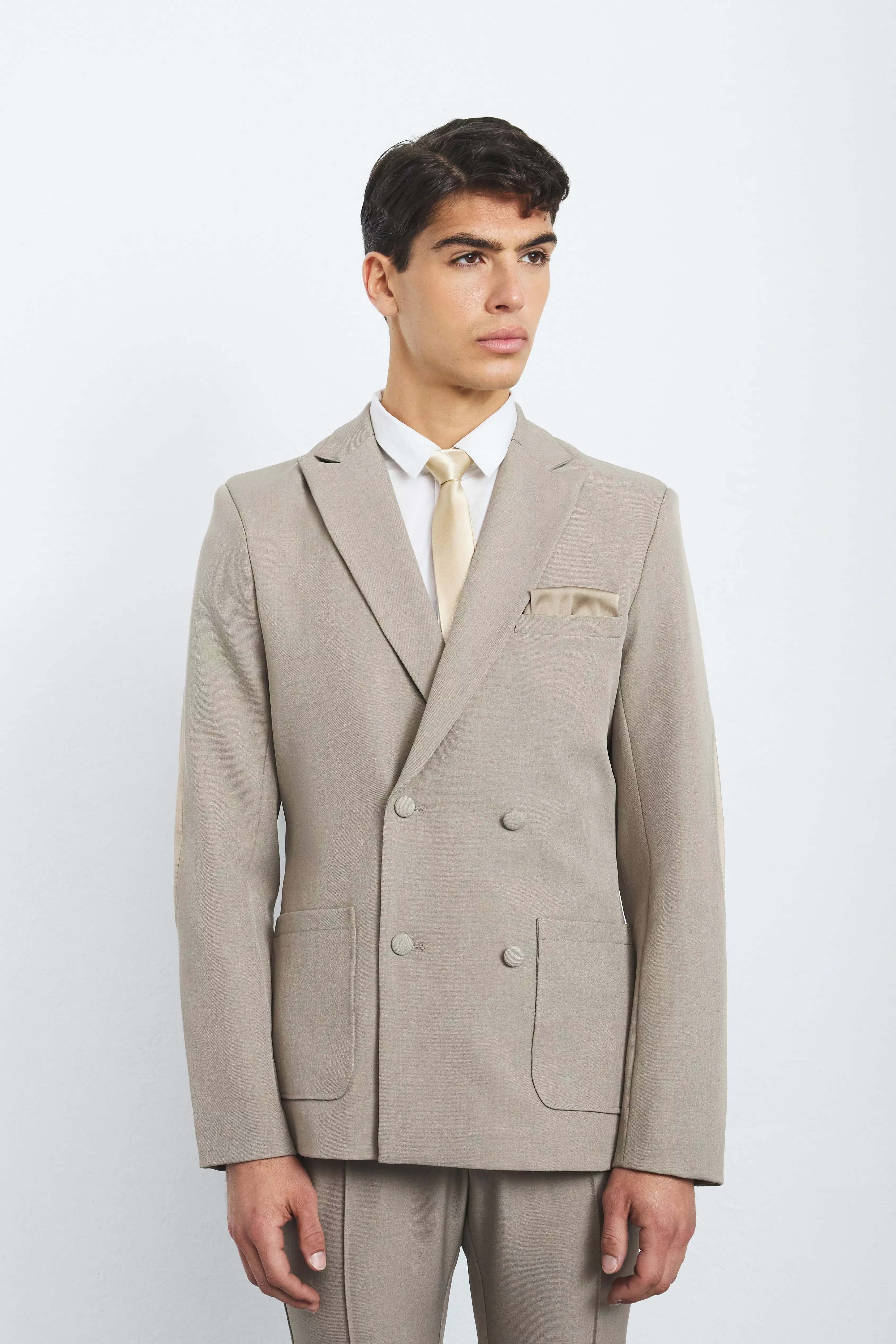 Taupe Textured Double Breasted Elbow Patch Blazer alternative image