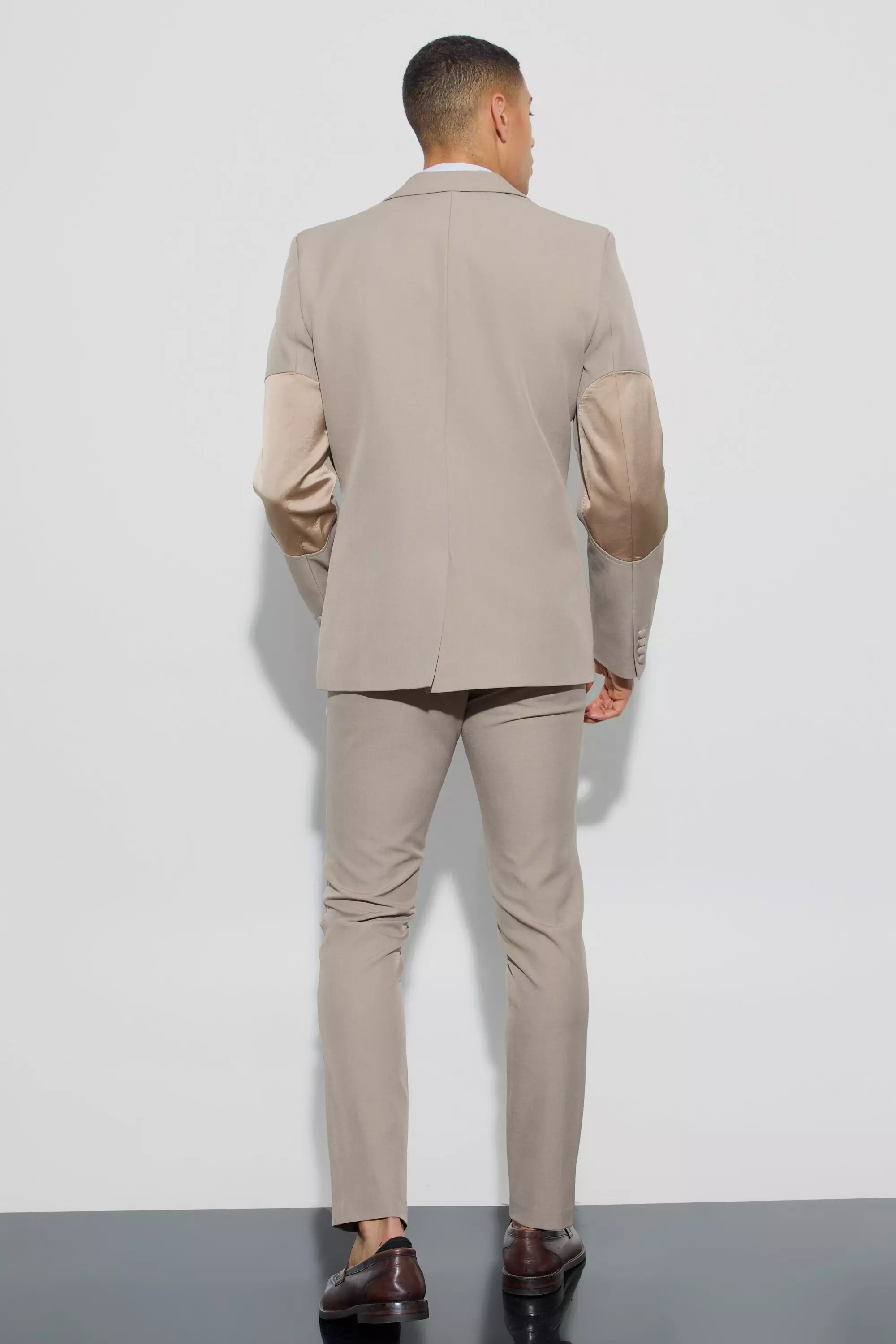 Taupe Textured Double Breasted Elbow Patch Blazer alternative image
