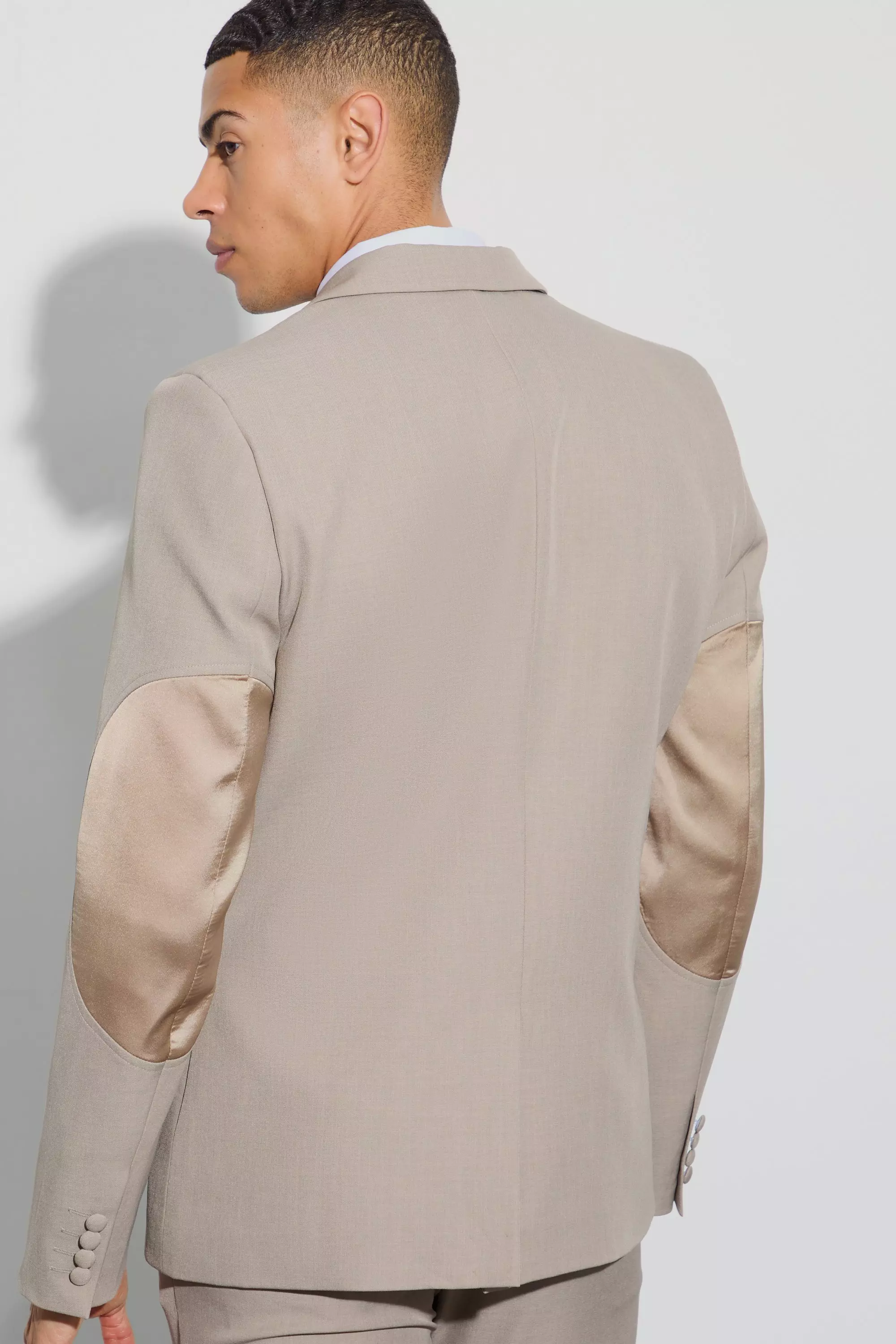 Taupe Textured Double Breasted Elbow Patch Blazer alternative image