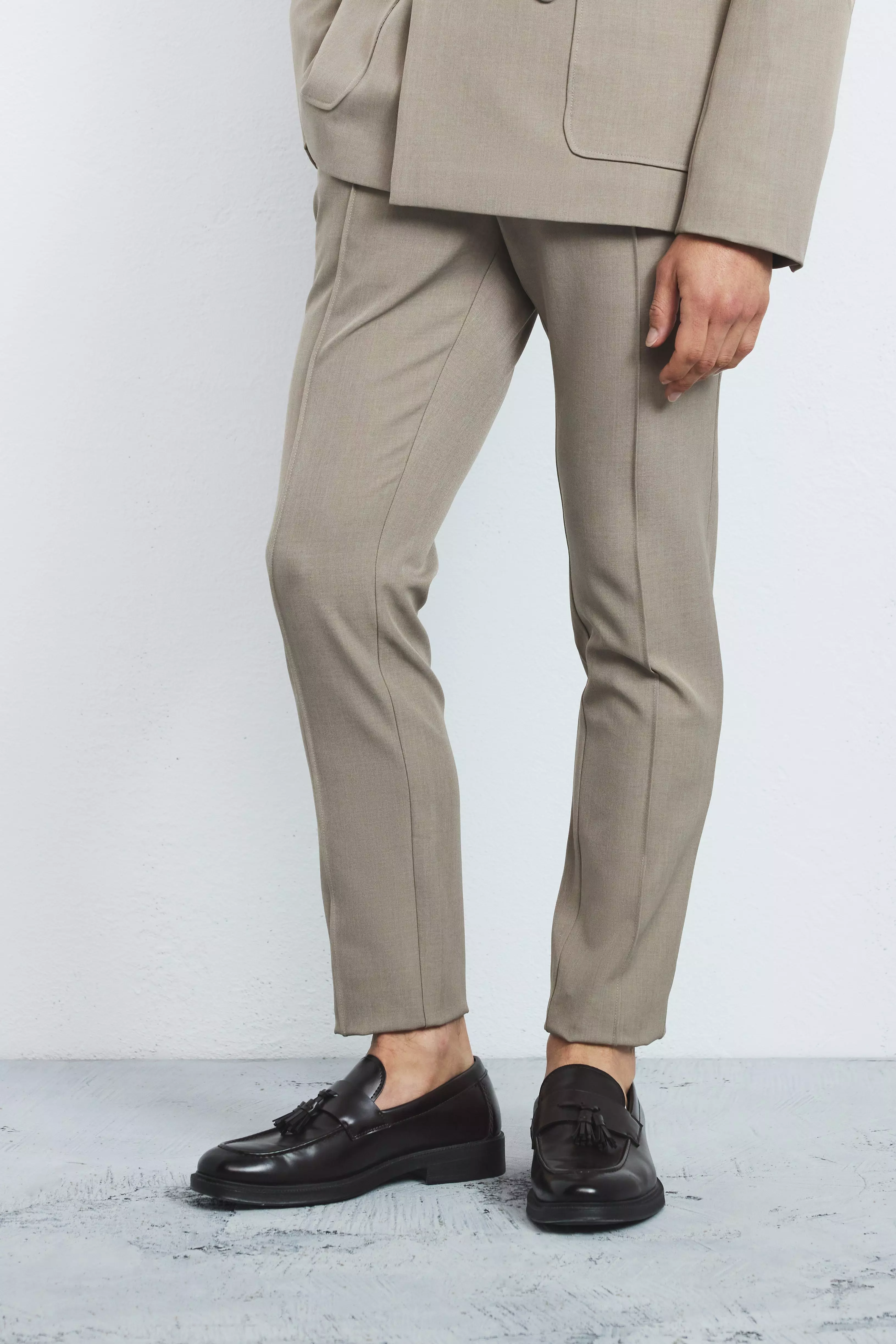 Taupe Beige Textured Adjustable Waist Skinny Suit Trousers