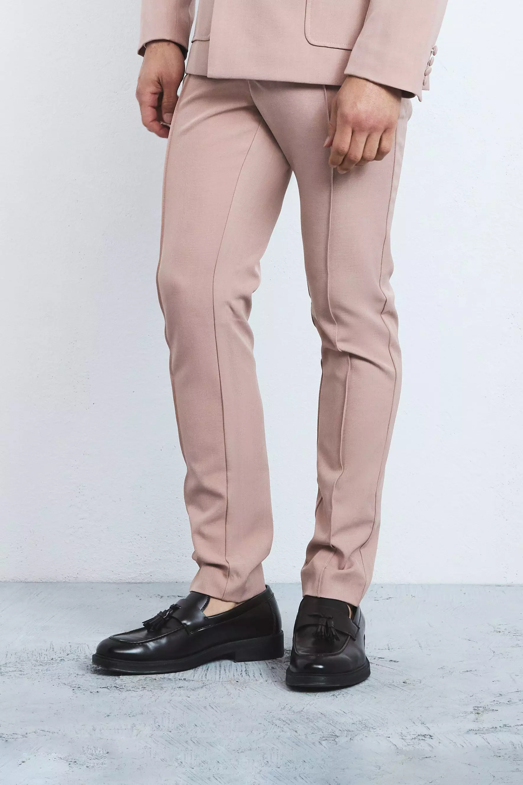 Textured Adjustable Waist Skinny Suit Trousers Pink