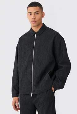 Black Textured Satin Smart Harrington Jacket