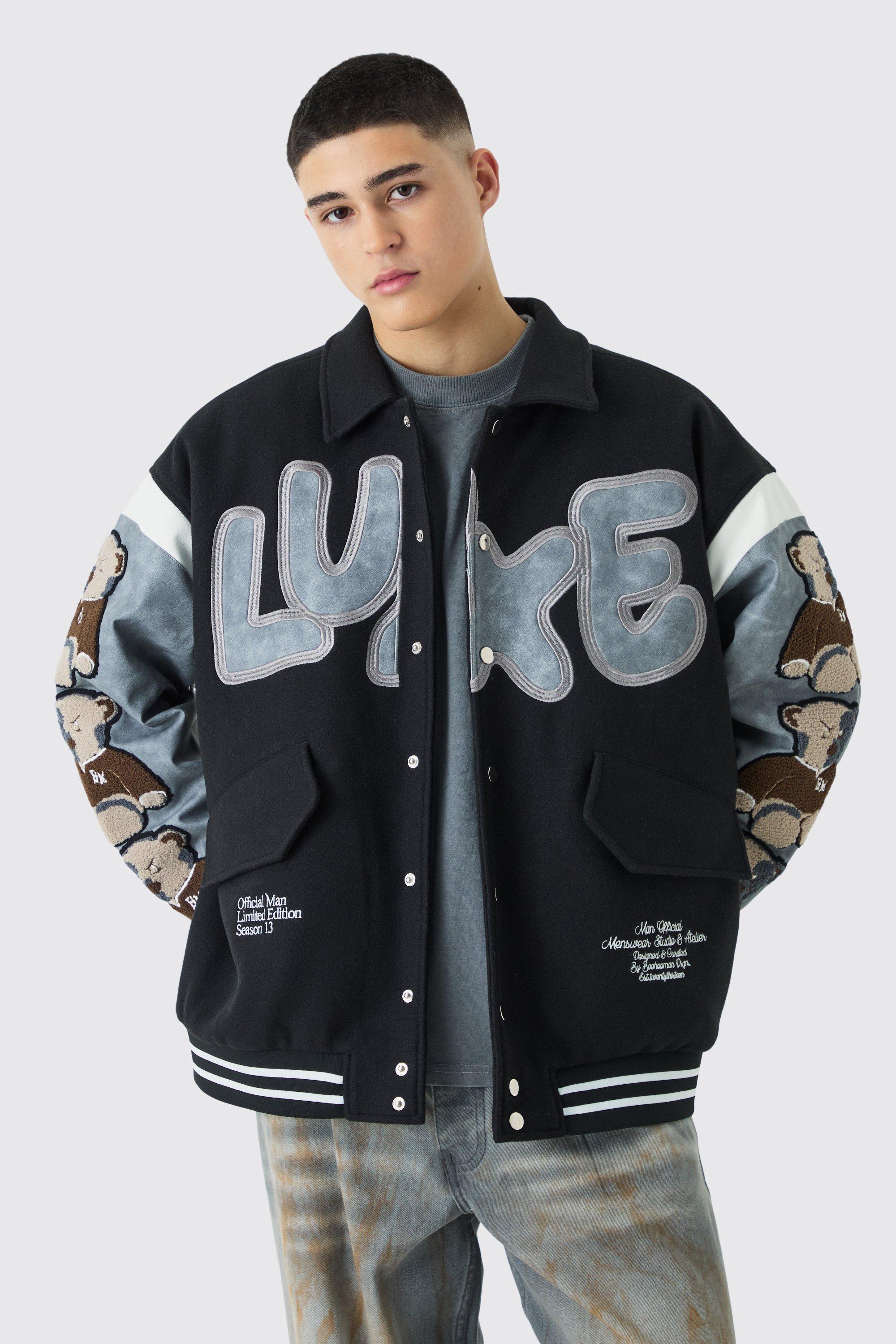 Oversized Washed Sleeve Teddy Varsity Jacket | boohooMAN USA