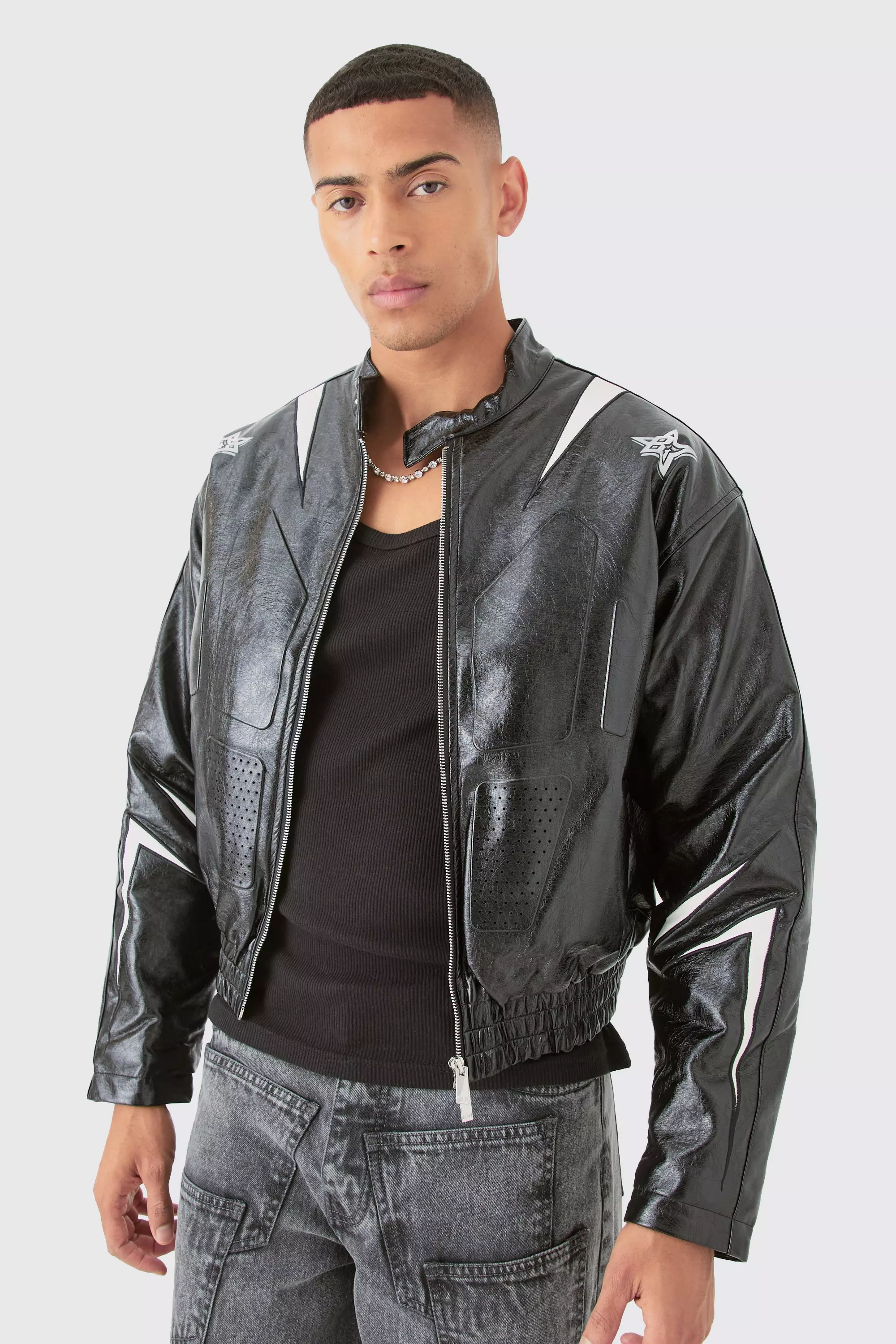 Boxy Fit Pu Panel Moto Bomber Black