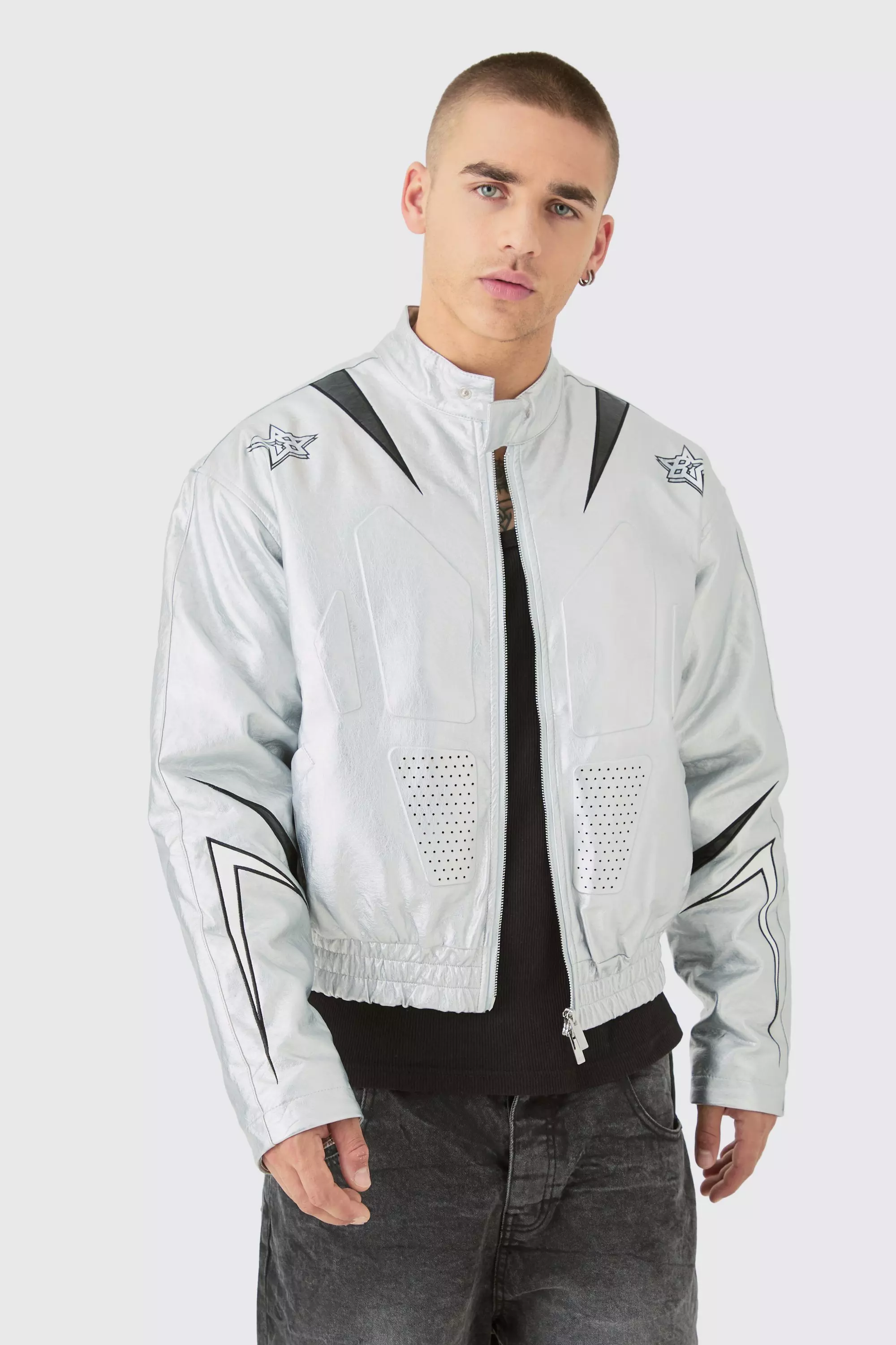 Boxy Fit Metallic Pu Panel Moto Bomber Silver