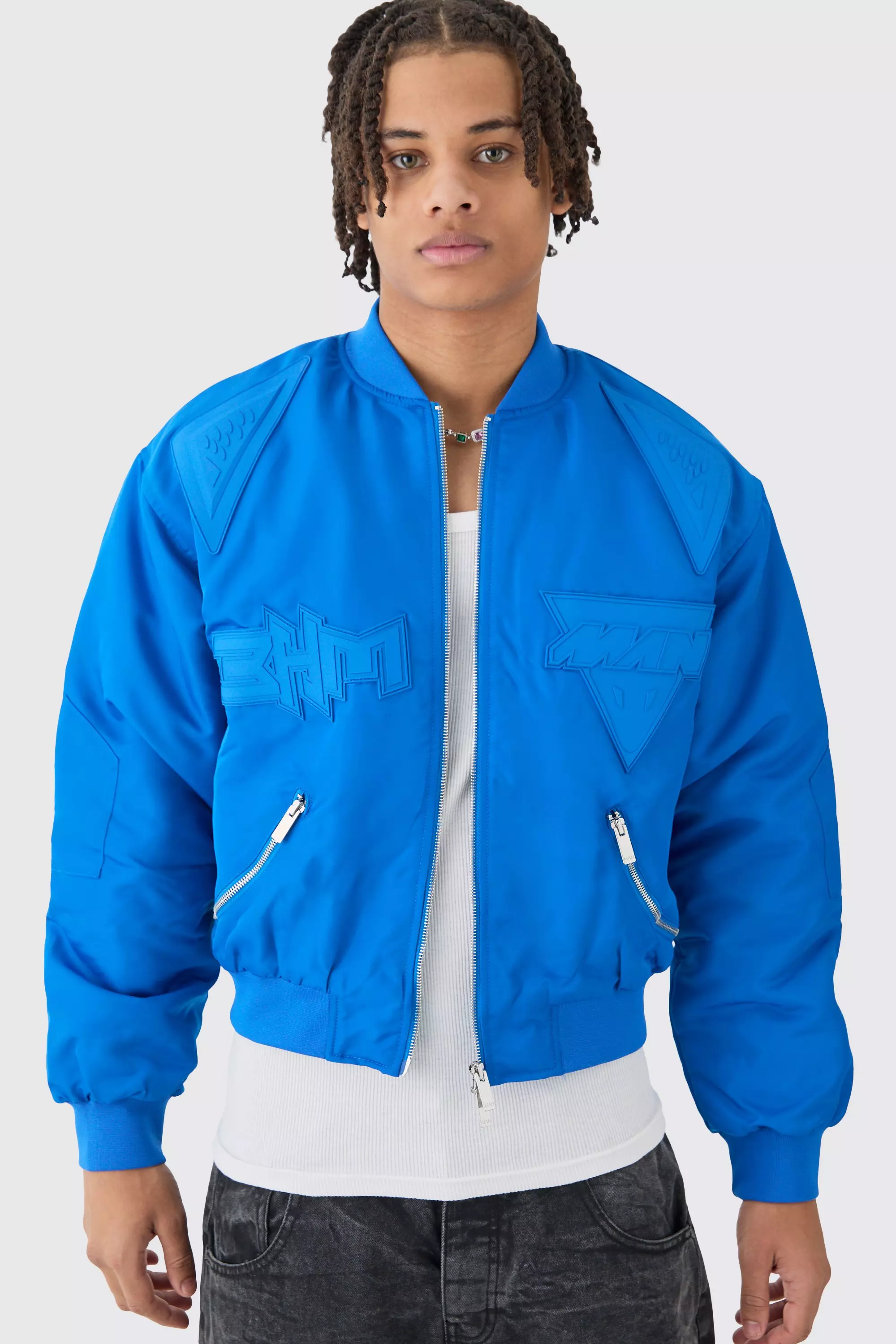 Boxy High Shine Tonal Nylon Moto Bomber Blue