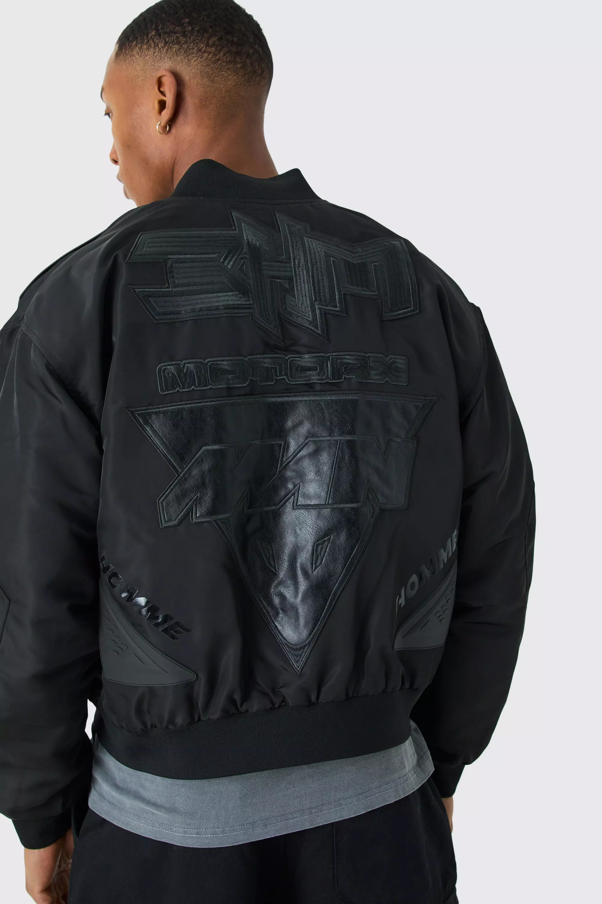 Boxy High Shine Tonal Nylon Moto Bomber Black