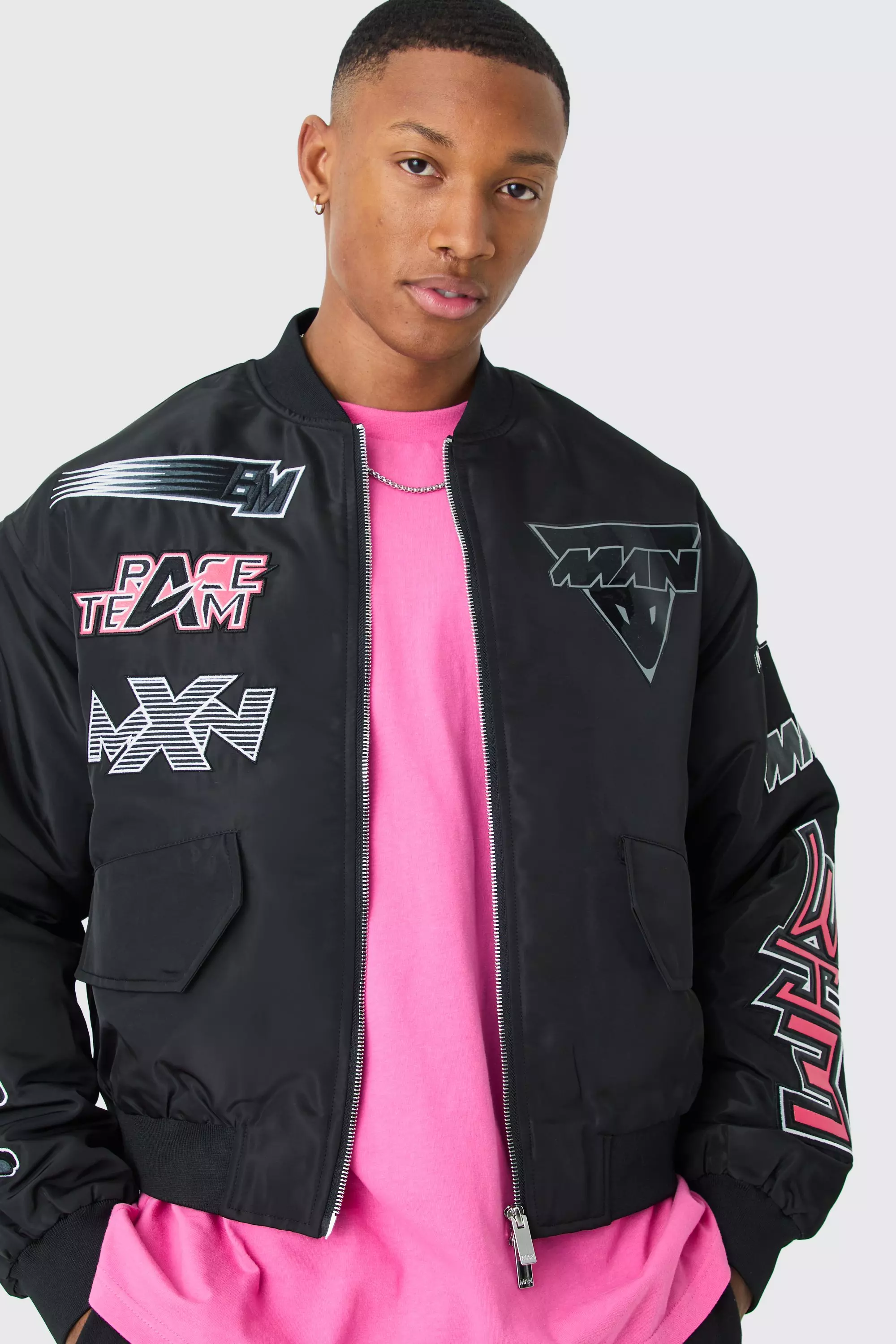 Boxy High Shine Nylon Moto Bomber Black